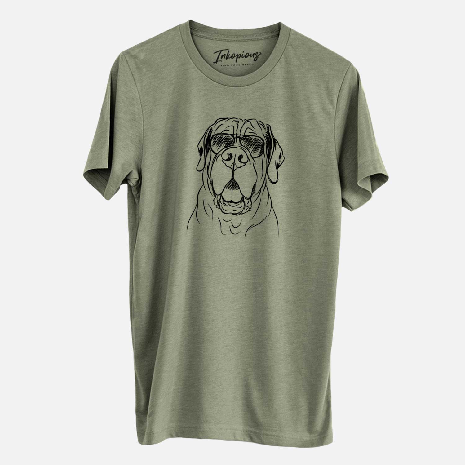 Hand-drawn sketch of Tufton the English Mastiff wearing aviator sunglasses on an Olive Unisex crewneck