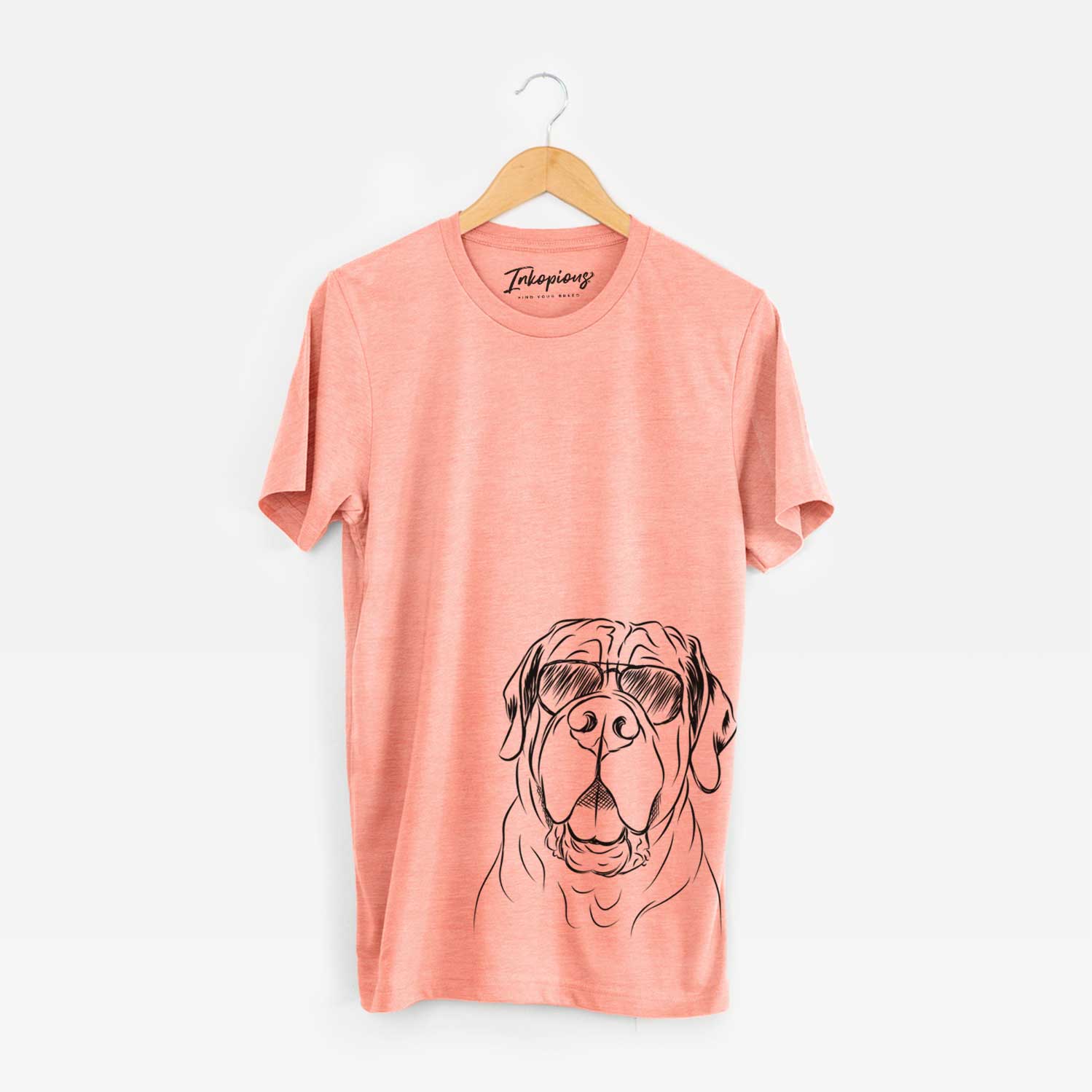Hand-drawn sketch of Tufton the English Mastiff wearing aviator sunglasses on a Sunset Unisex crewneck