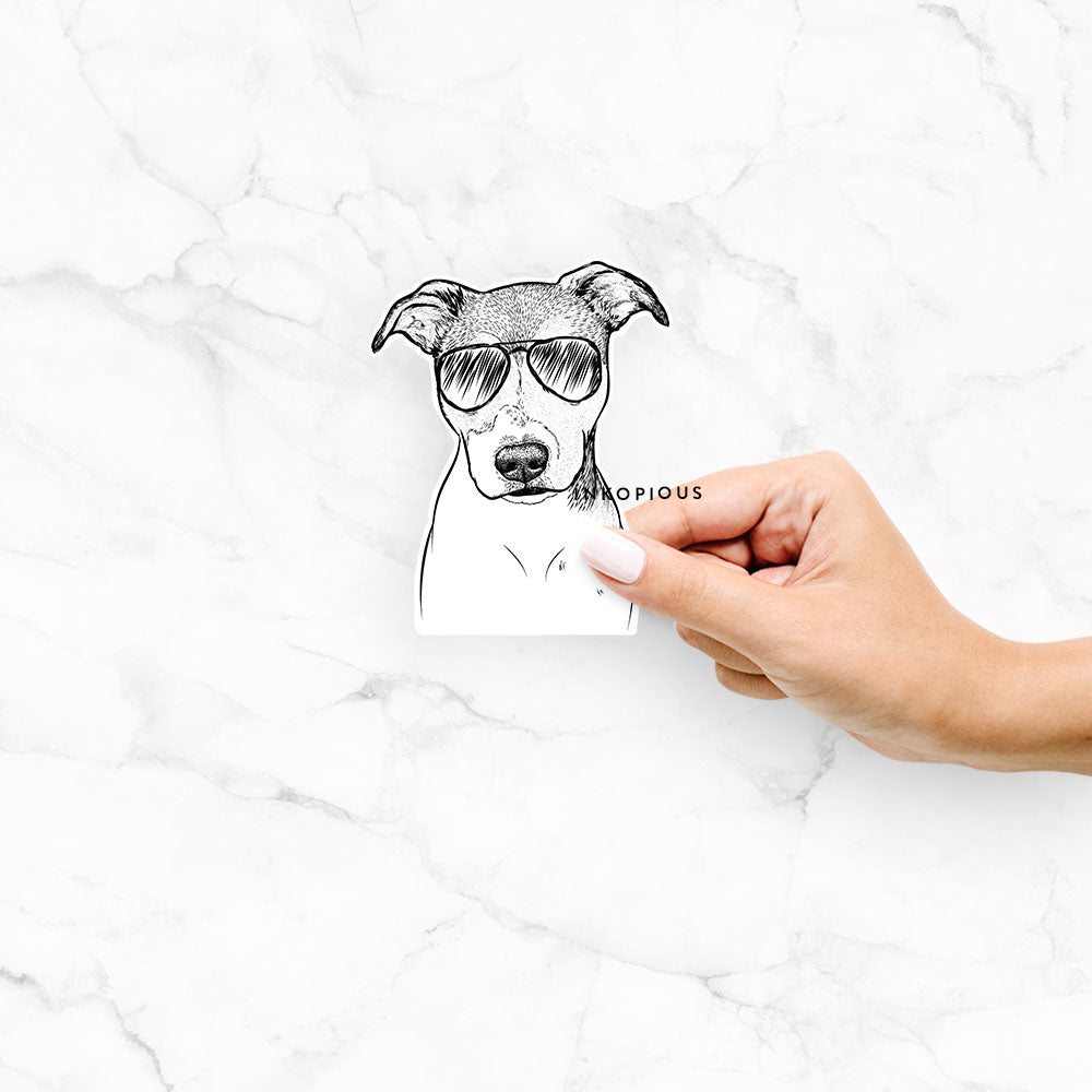 Hand-drawn sketch of Tula the American Staffordshire Terrier Heeler Mix wearing aviator sunglasses on a decal sticker
