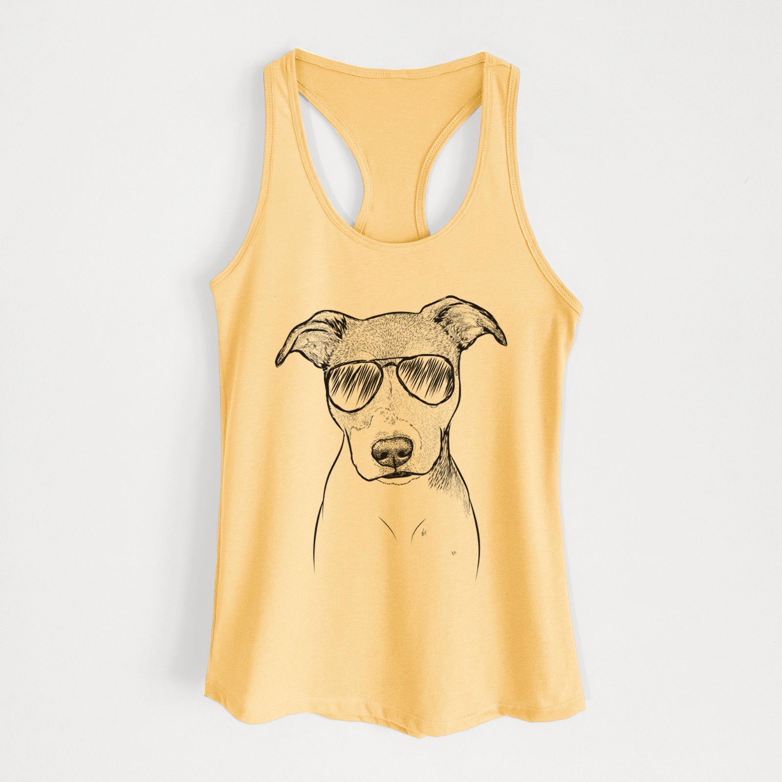 Hand-drawn sketch of Tula the American Staffordshire Terrier Heeler Mix wearing aviator sunglasses on a Banana Cream Women's racerback tanktop