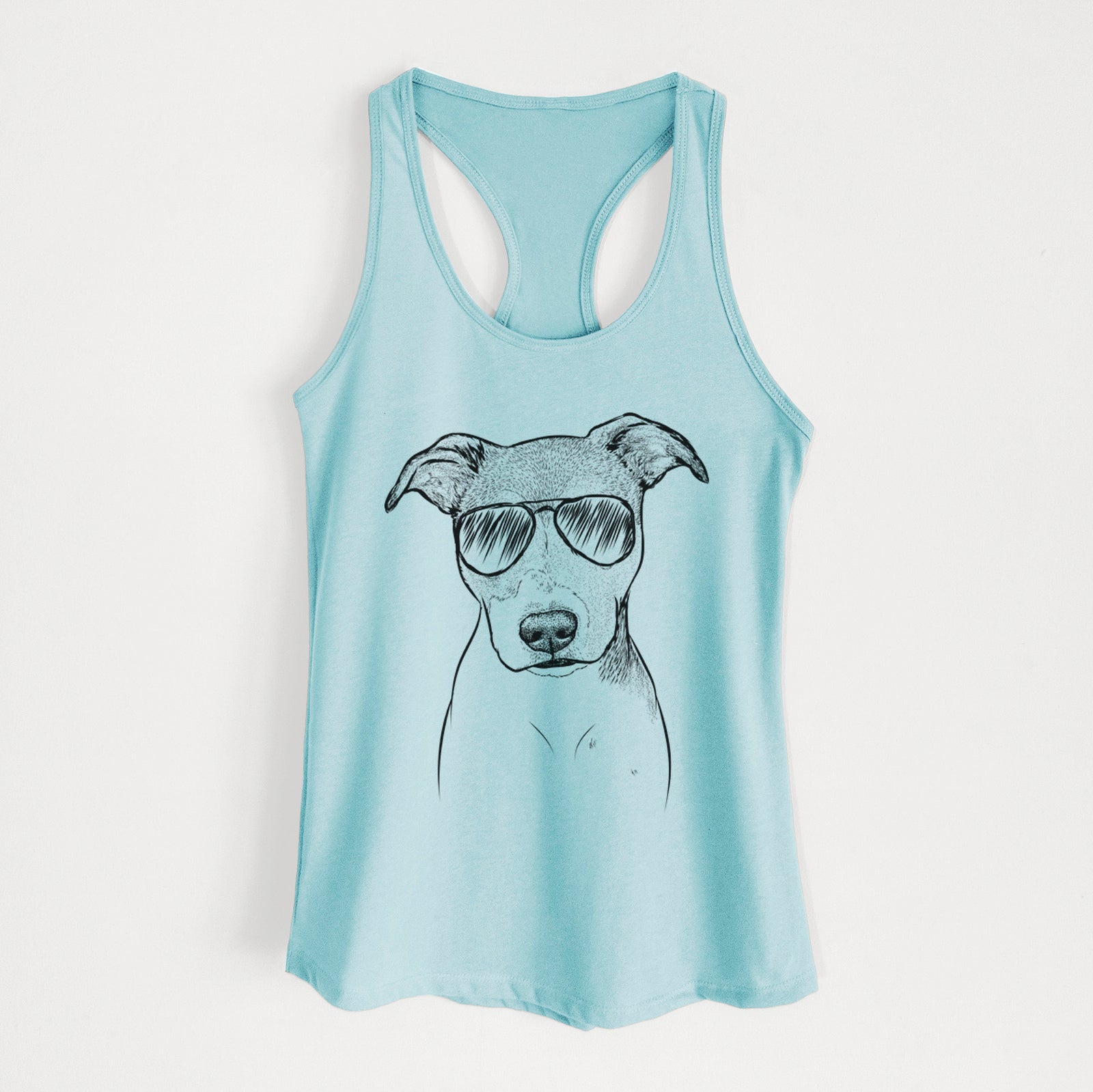 Hand-drawn sketch of Tula the American Staffordshire Terrier Heeler Mix wearing aviator sunglasses on a Cancun Blue Women's racerback tanktop
