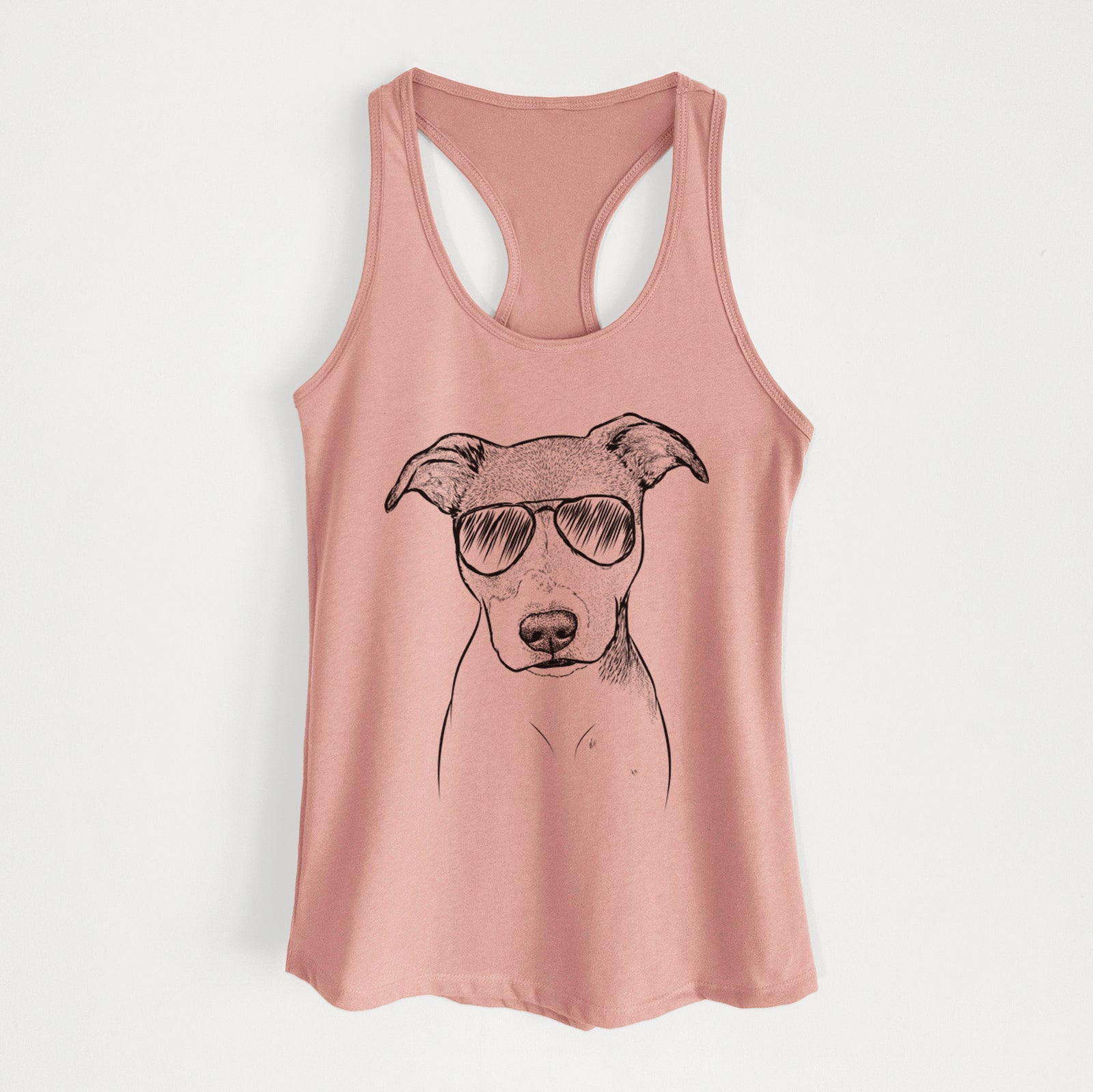 Hand-drawn sketch of Tula the American Staffordshire Terrier Heeler Mix wearing aviator sunglasses on a Desert Pink Women's racerback tanktop