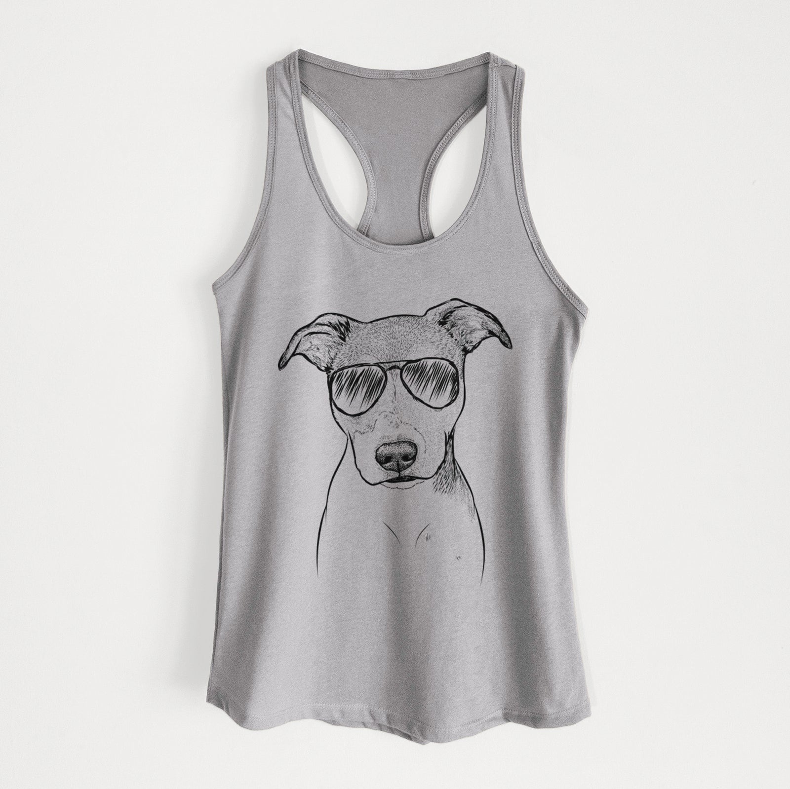Hand-drawn sketch of Tula the American Staffordshire Terrier Heeler Mix wearing aviator sunglasses on a Heather Grey Women's racerback tanktop