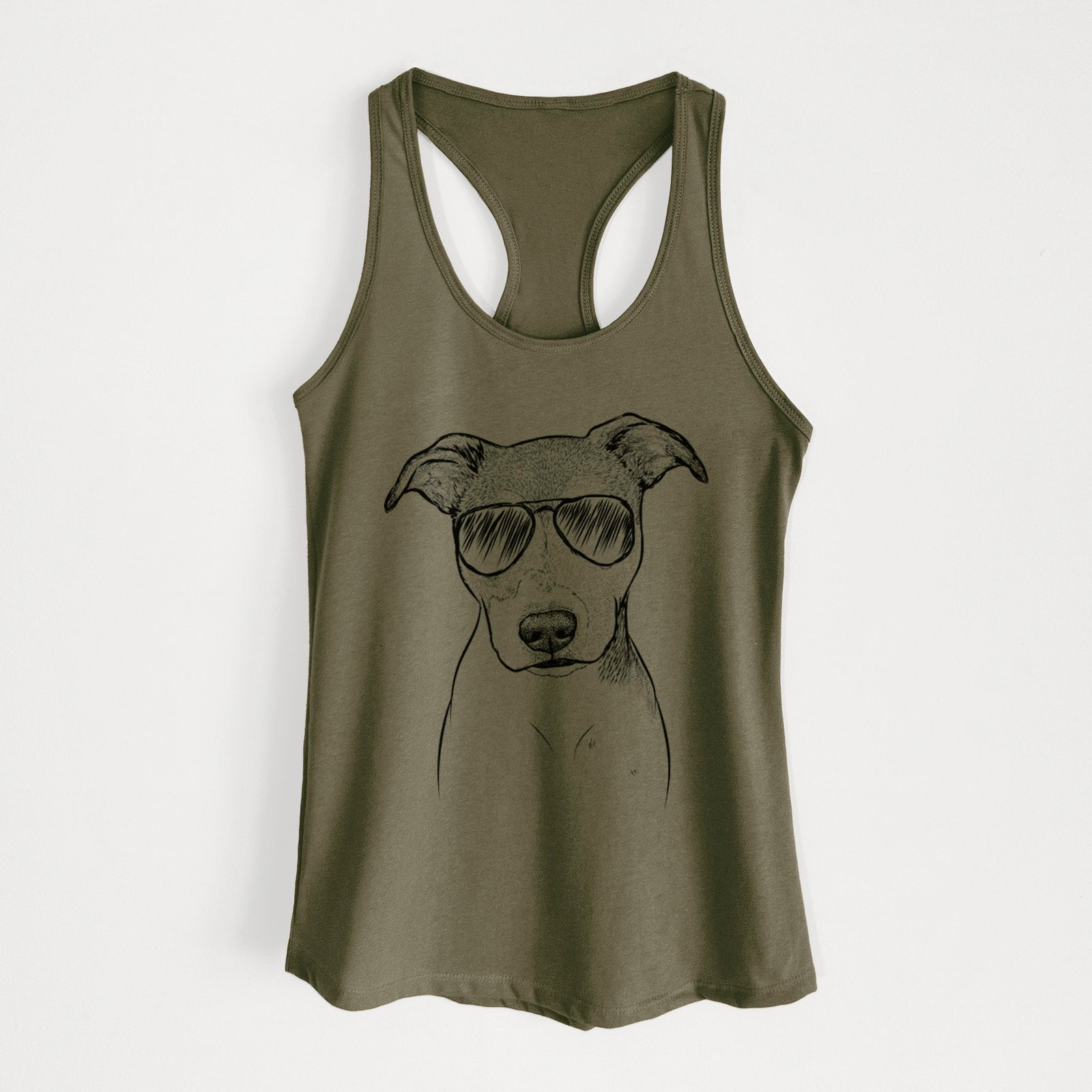 Hand-drawn sketch of Tula the American Staffordshire Terrier Heeler Mix wearing aviator sunglasses on a Military Green Women's racerback tanktop