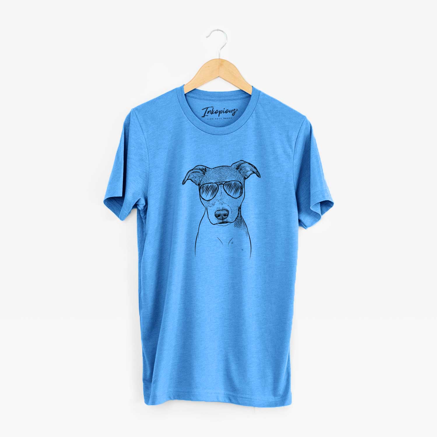 Hand-drawn sketch of Tula the American Staffordshire Terrier Heeler Mix wearing aviator sunglasses on a Blue Unisex crewneck