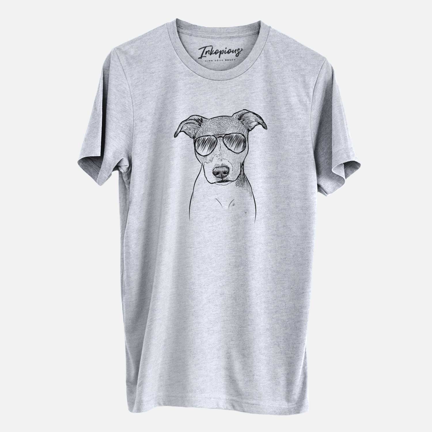 Hand-drawn sketch of Tula the American Staffordshire Terrier Heeler Mix wearing aviator sunglasses on a Grey Unisex crewneck