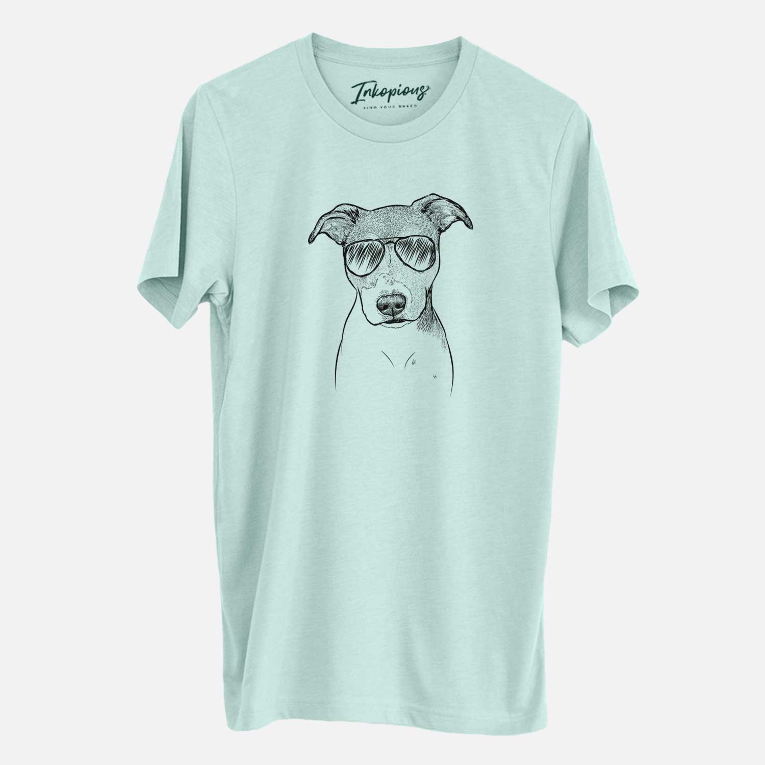 Hand-drawn sketch of Tula the American Staffordshire Terrier Heeler Mix wearing aviator sunglasses on a Heather Sage Unisex crewneck