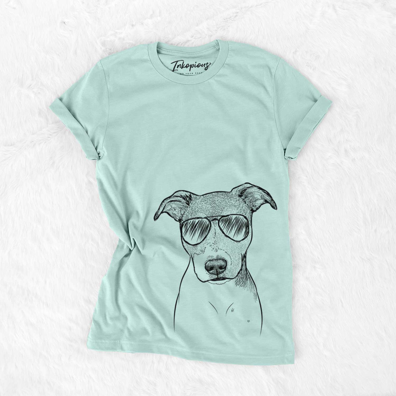 Hand-drawn sketch of Tula the American Staffordshire Terrier Heeler Mix wearing aviator sunglasses on a Heather Sage Unisex crewneck