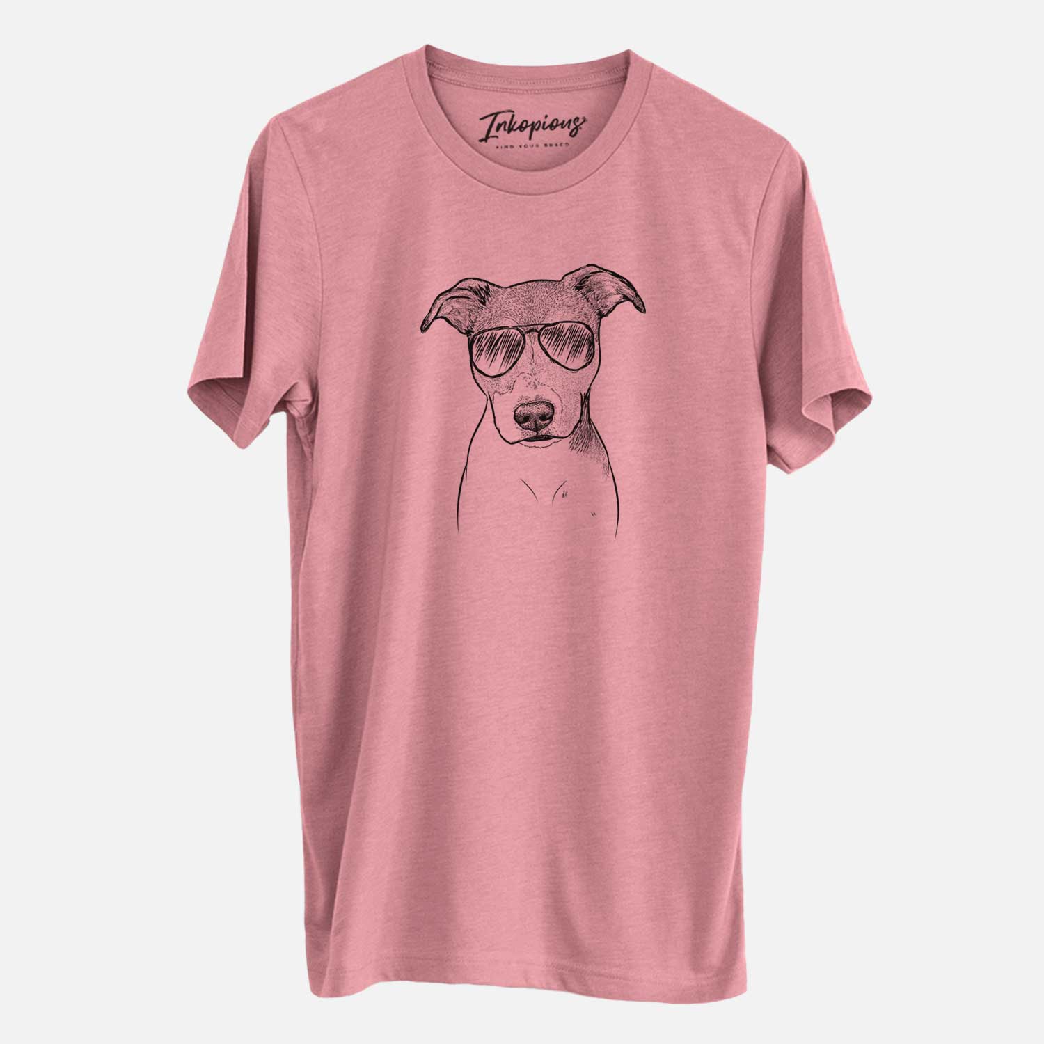 Hand-drawn sketch of Tula the American Staffordshire Terrier Heeler Mix wearing aviator sunglasses on a Mauve Unisex crewneck