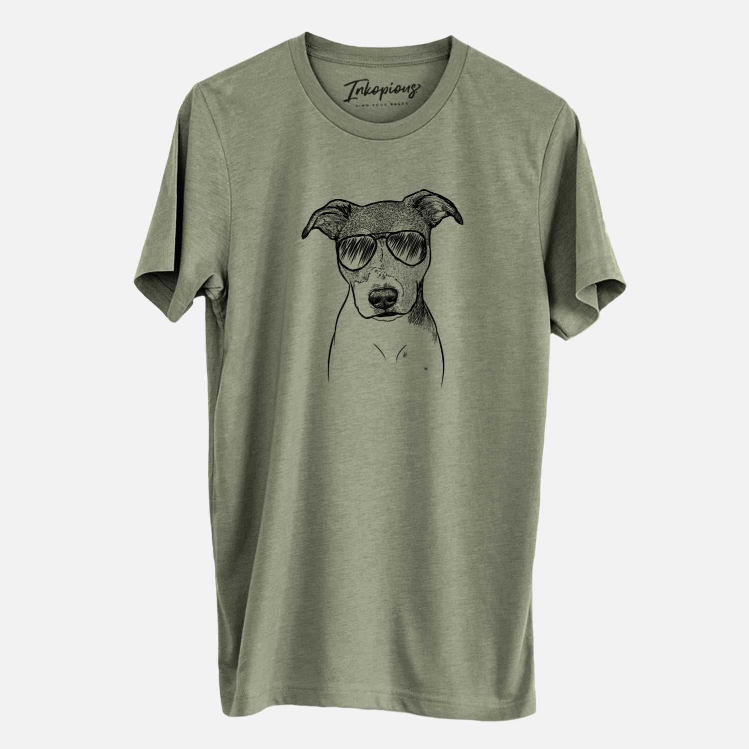Hand-drawn sketch of Tula the American Staffordshire Terrier Heeler Mix wearing aviator sunglasses on an Olive Unisex crewneck