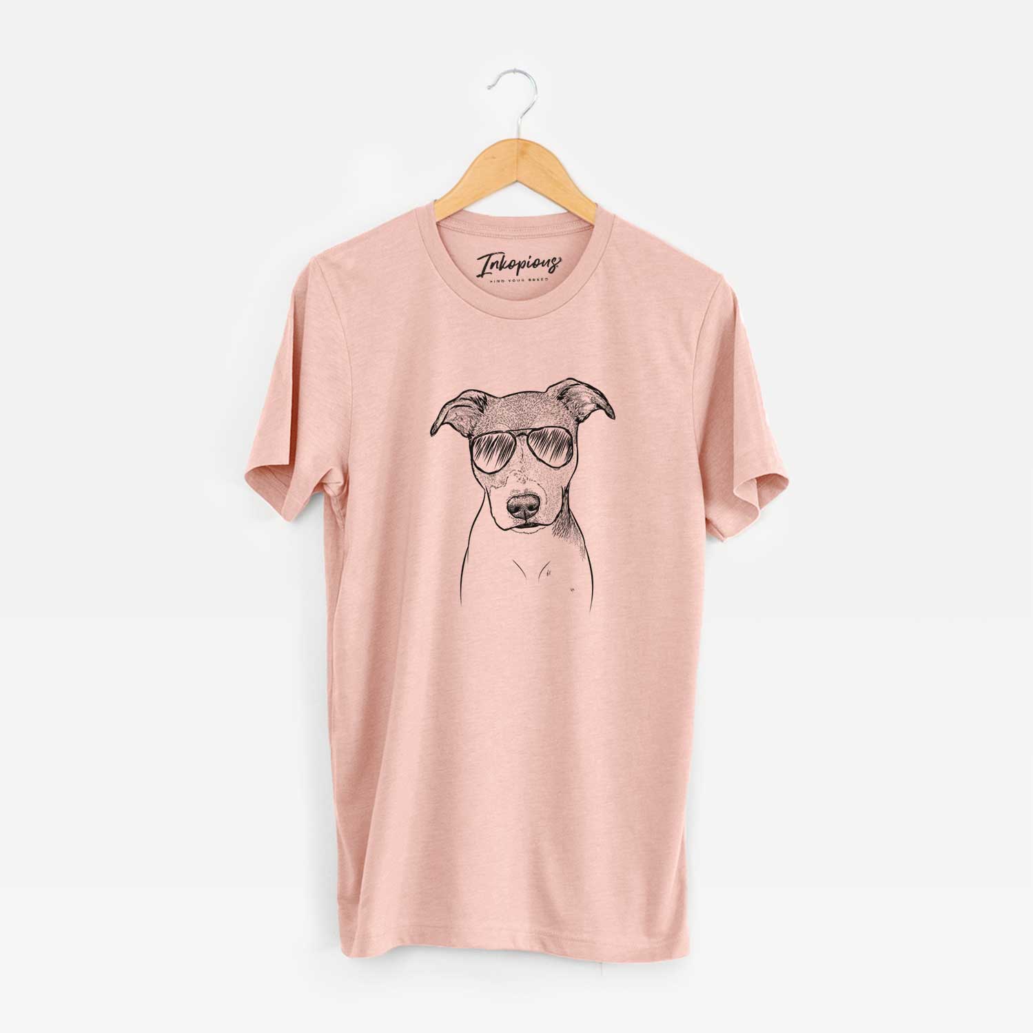 Hand-drawn sketch of Tula the American Staffordshire Terrier Heeler Mix wearing aviator sunglasses on a Peach Unisex crewneck