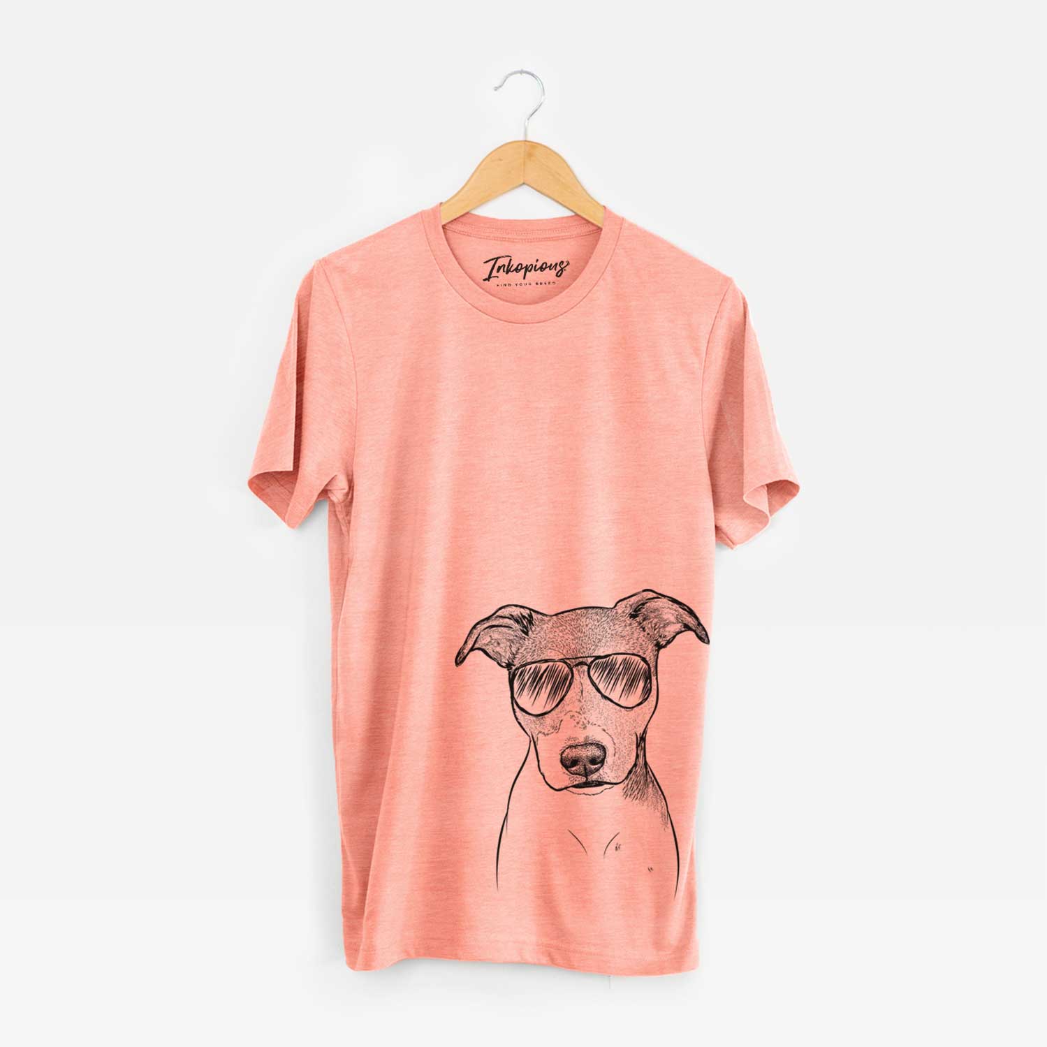 Hand-drawn sketch of Tula the American Staffordshire Terrier Heeler Mix wearing aviator sunglasses on a Sunset Unisex crewneck