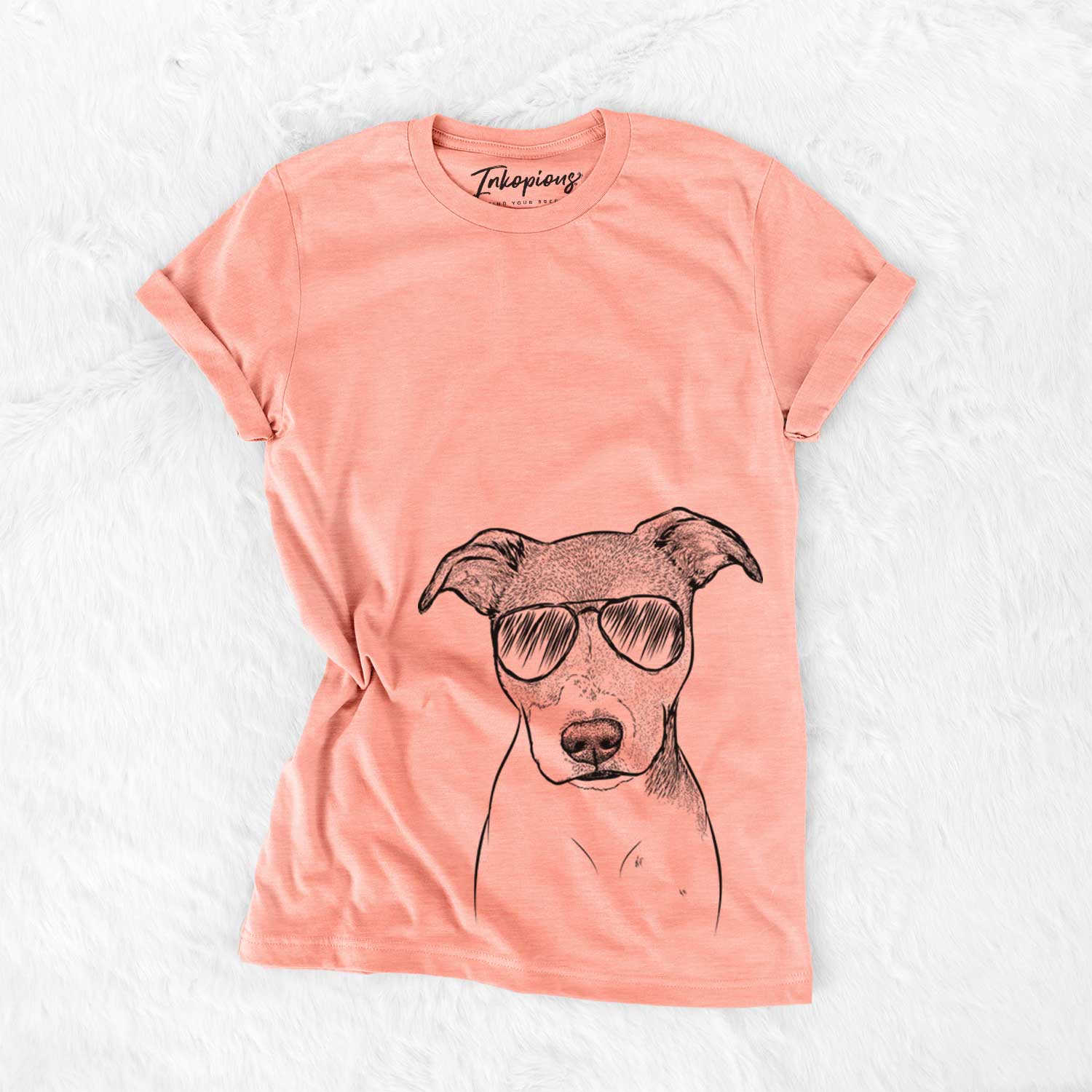 Hand-drawn sketch of Tula the American Staffordshire Terrier Heeler Mix wearing aviator sunglasses on a Sunset Bella Canvas Unisex Crewneck