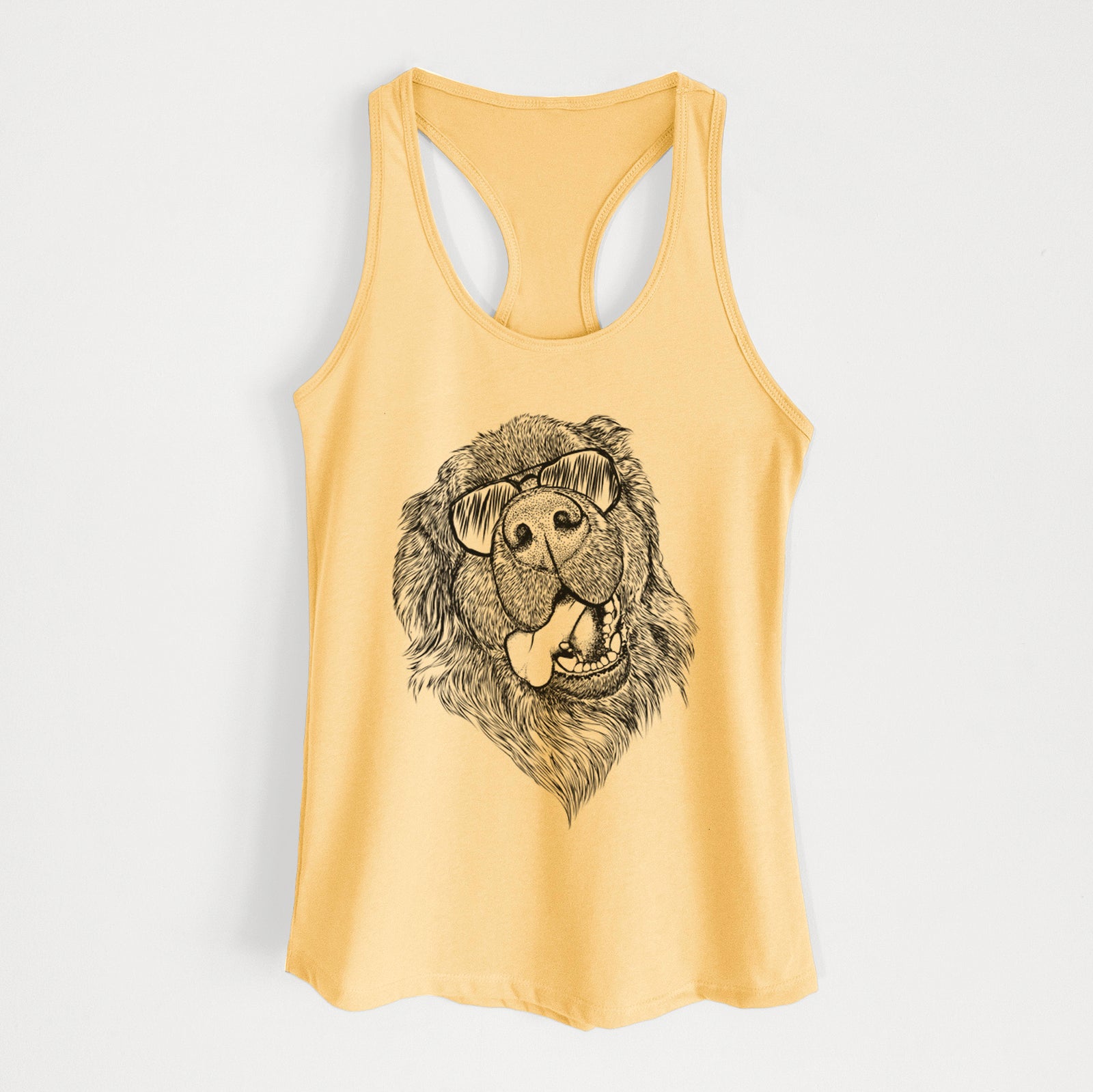 Hand-drawn sketch of Tuna the Newfoundland wearing aviator sunglasses on a Banana Cream Women's racerback tanktop