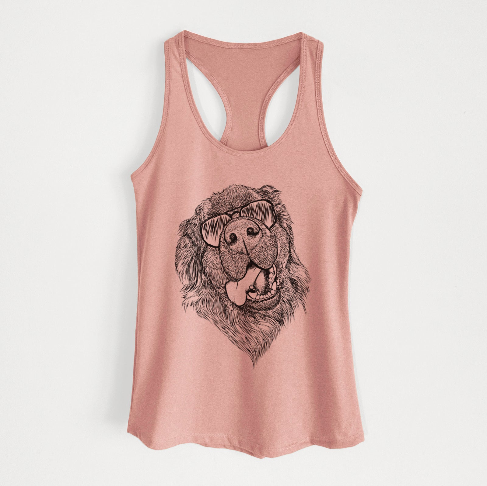 Hand-drawn sketch of Tuna the Newfoundland wearing aviator sunglasses on a Desert Pink Women's racerback tanktop