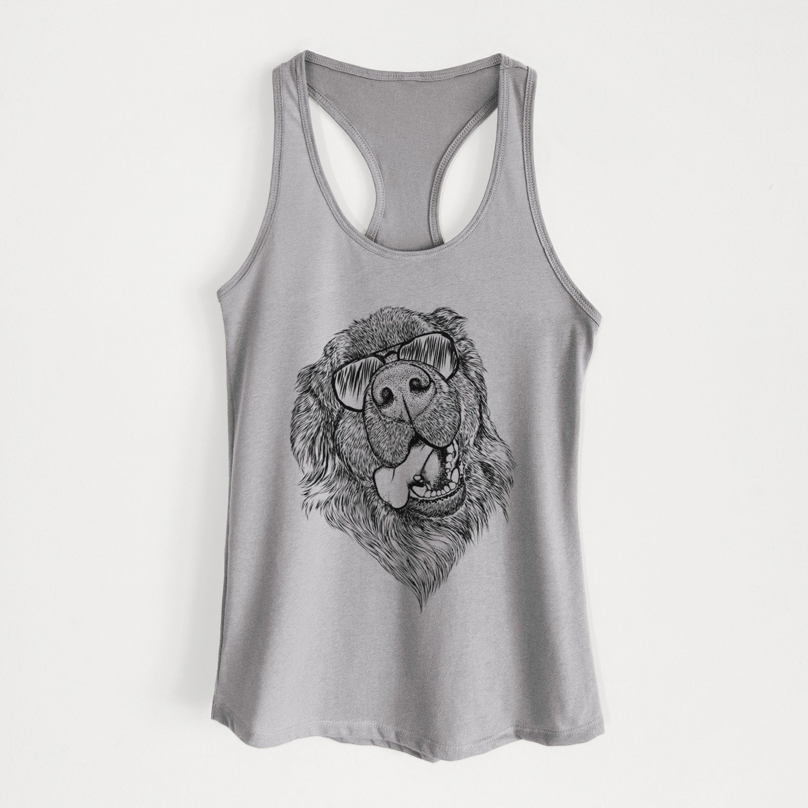 Hand-drawn sketch of Tuna the Newfoundland wearing aviator sunglasses on a Heather Grey Women's racerback tanktop