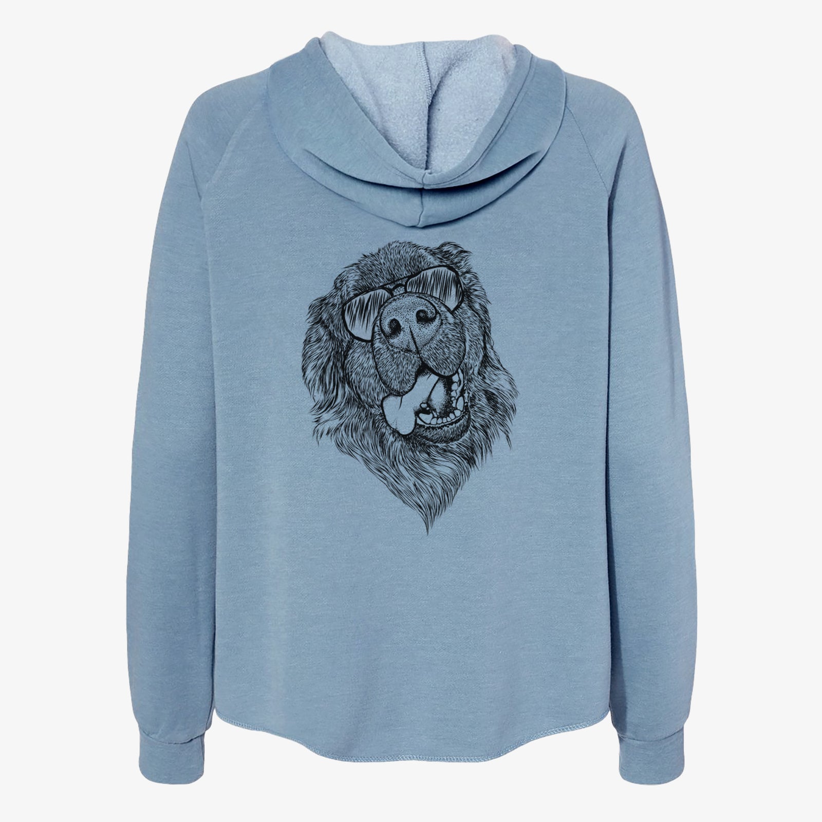 Hand-drawn sketch of Tuna the Newfoundland wearing aviator sunglasses on a Misty Blue Women's cali wave zip-up sweatshirt