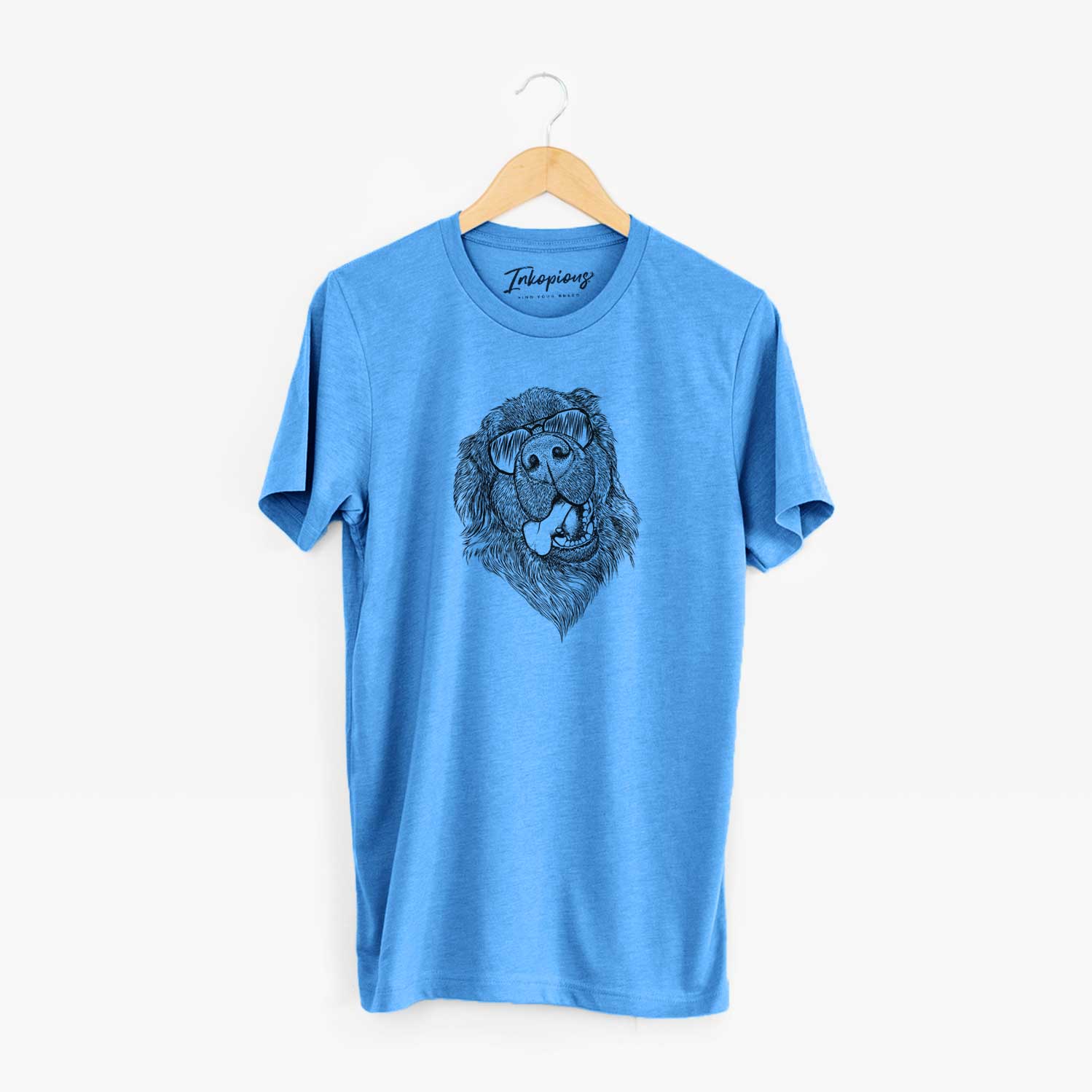 Hand-drawn sketch of Tuna the Newfoundland wearing aviator sunglasses on a Blue Unisex crewneck