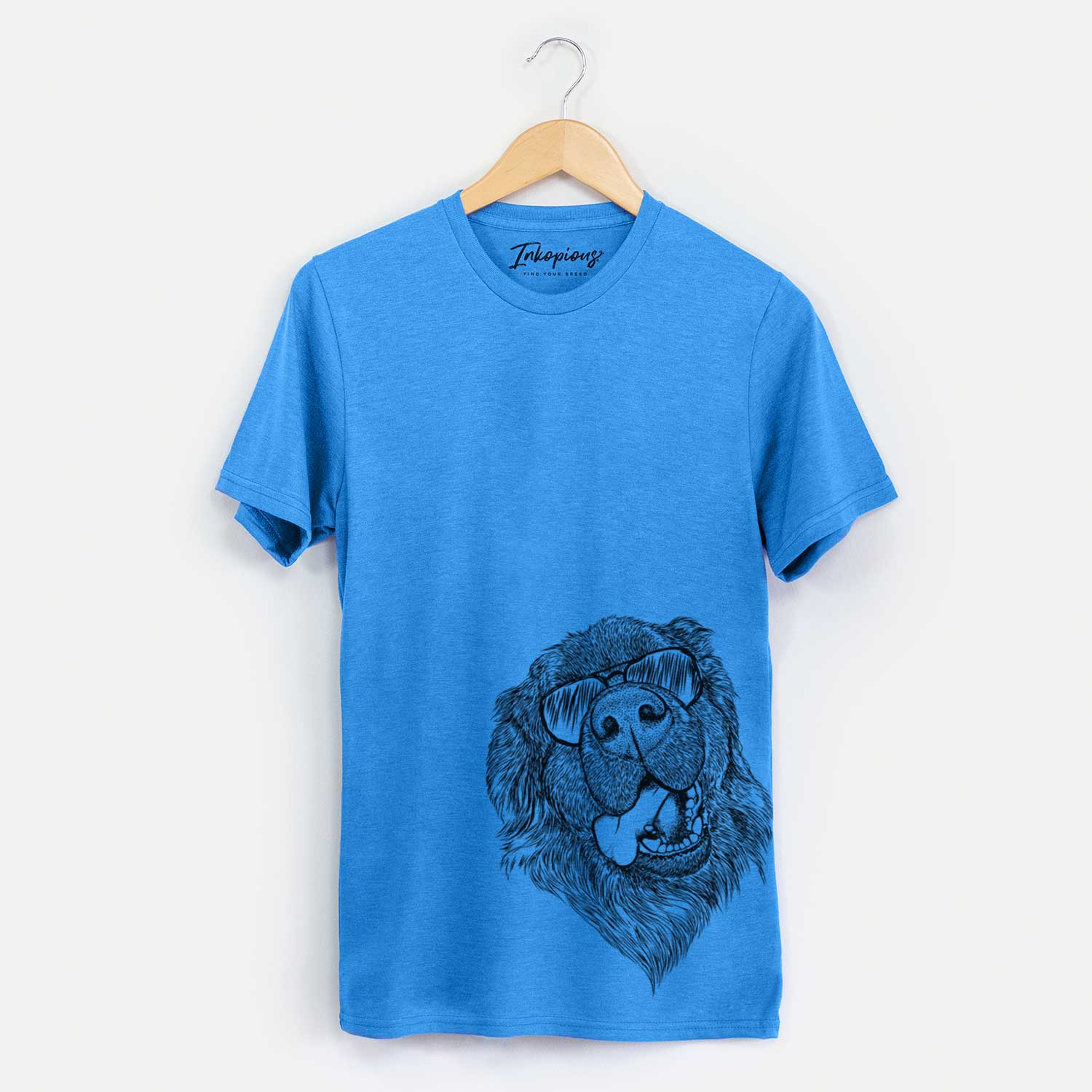 Hand-drawn sketch of Tuna the Newfoundland wearing aviator sunglasses on a Blue Unisex crewneck