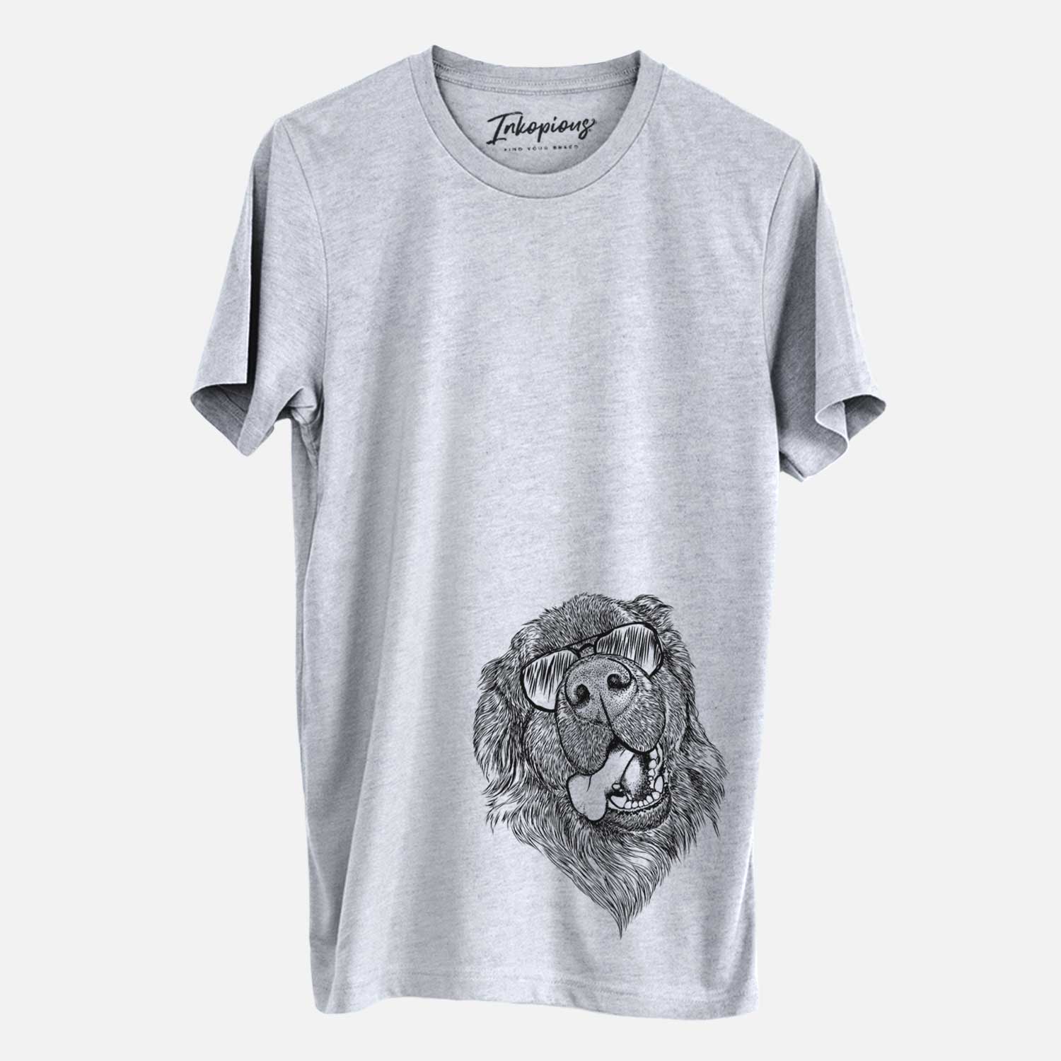 Hand-drawn sketch of Tuna the Newfoundland wearing aviator sunglasses on a Grey Unisex crewneck