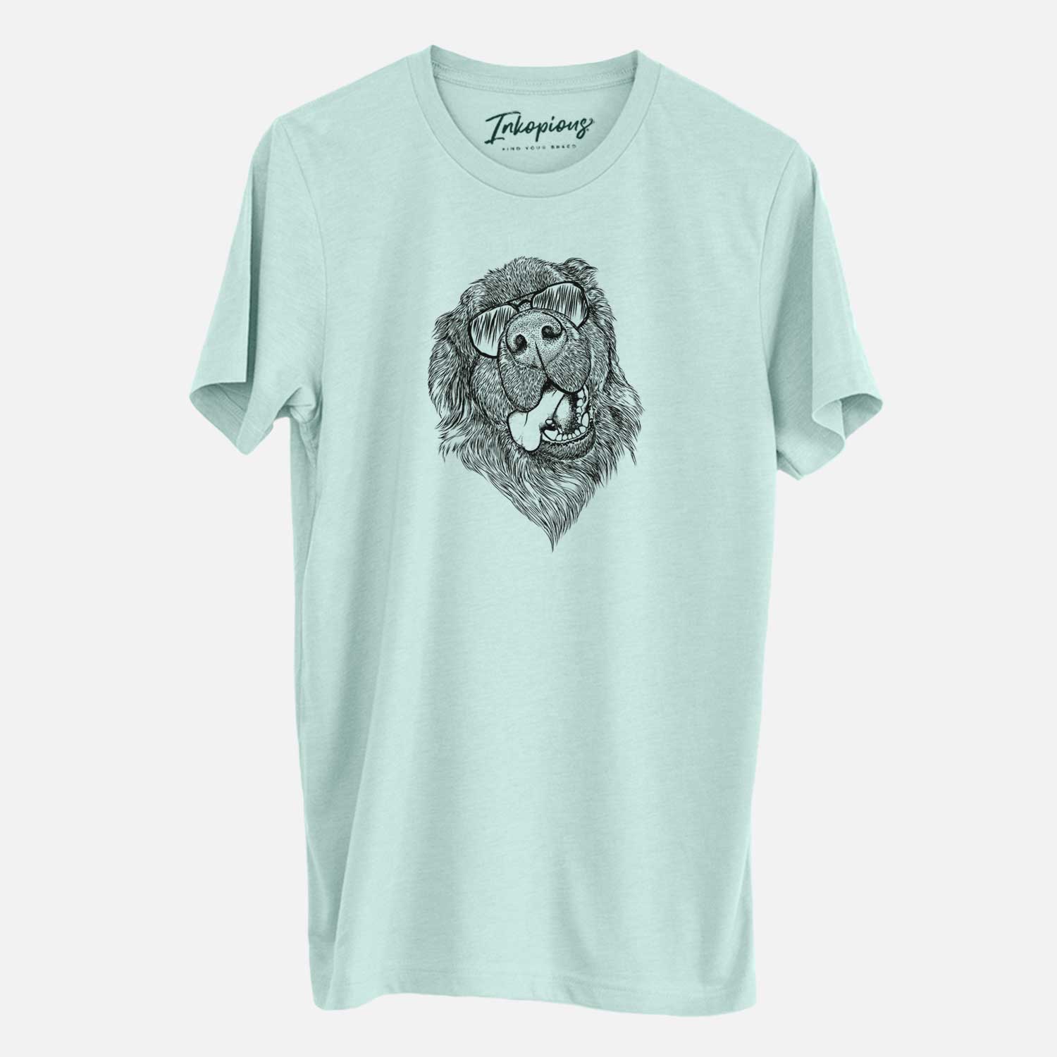 Hand-drawn sketch of Tuna the Newfoundland wearing aviator sunglasses on a Heather Sage Unisex crewneck