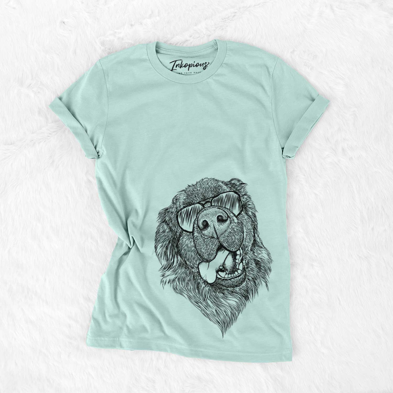 Hand-drawn sketch of Tuna the Newfoundland wearing aviator sunglasses on a Heather Sage Unisex crewneck