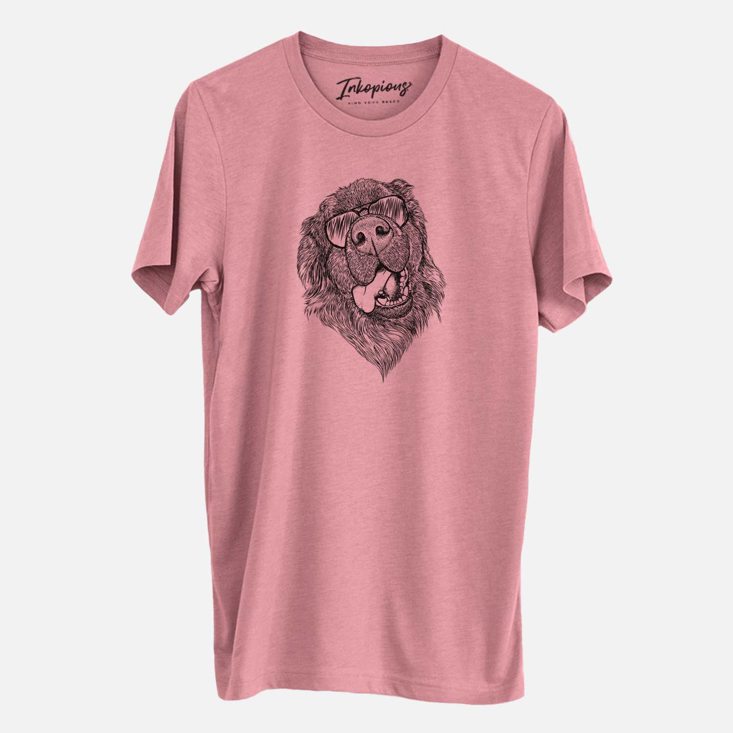 Hand-drawn sketch of Tuna the Newfoundland wearing aviator sunglasses on a Mauve Unisex crewneck