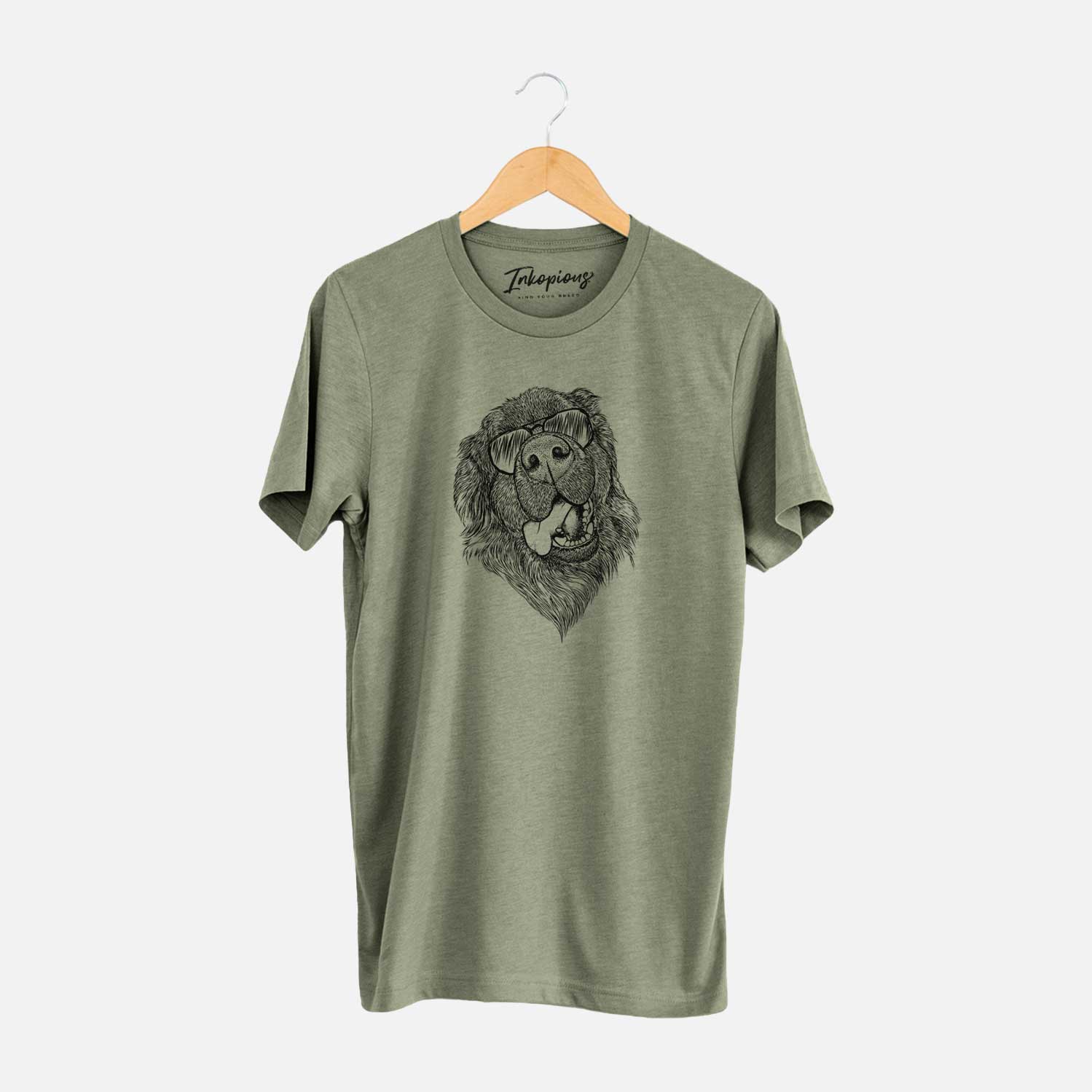 Hand-drawn sketch of Tuna the Newfoundland wearing aviator sunglasses on an Olive Unisex crewneck