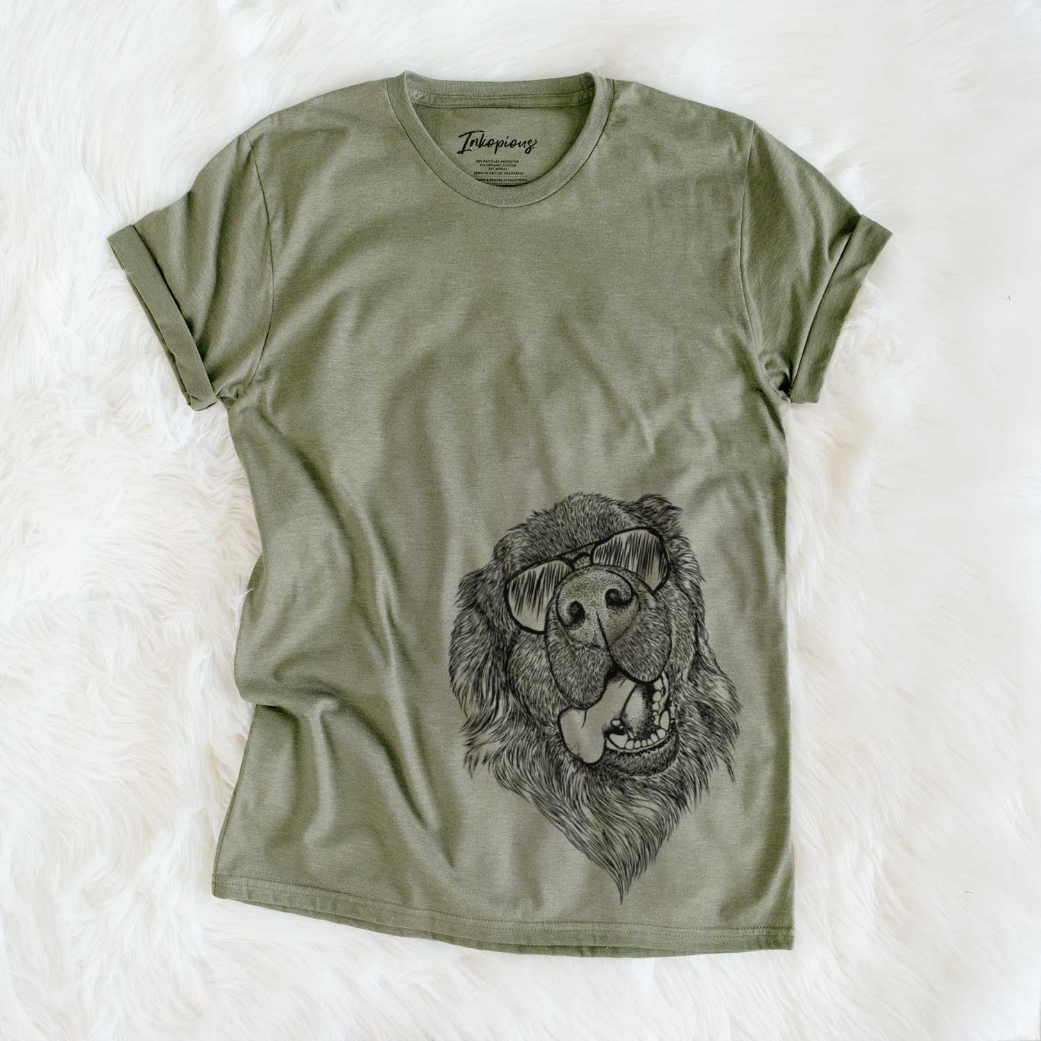 Hand-drawn sketch of Tuna the Newfoundland wearing aviator sunglasses on an Olive Unisex crewneck