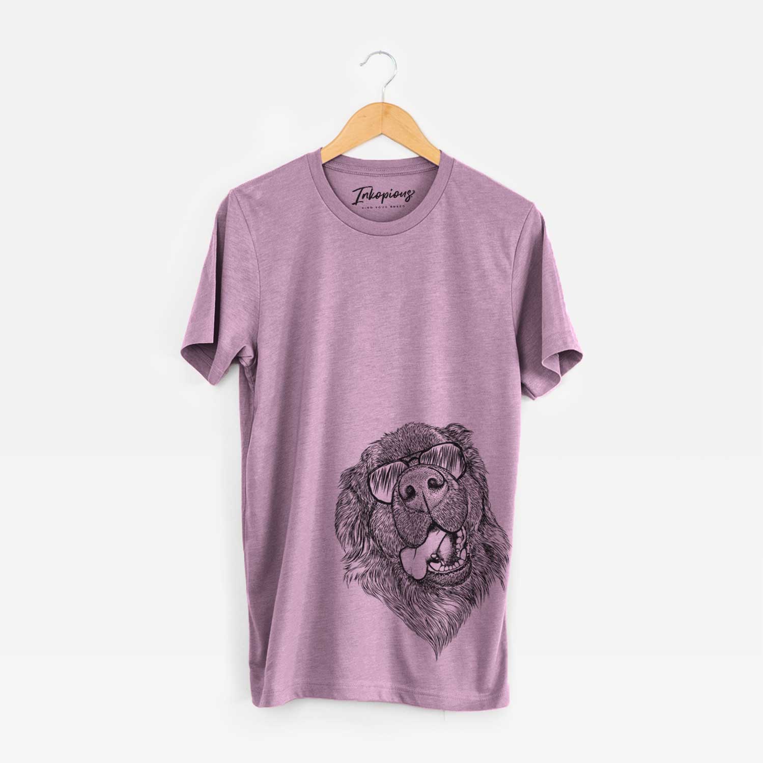 Hand-drawn sketch of Tuna the Newfoundland wearing aviator sunglasses on an Orchid Unisex crewneck