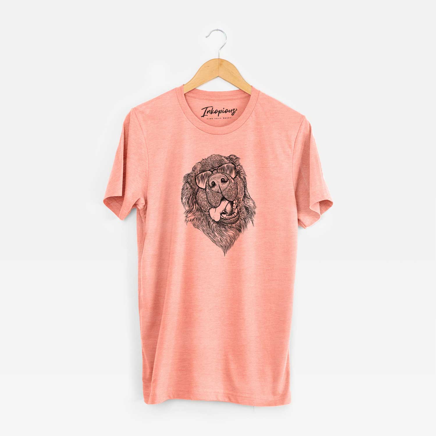 Hand-drawn sketch of Tuna the Newfoundland wearing aviator sunglasses on a Sunset Unisex crewneck