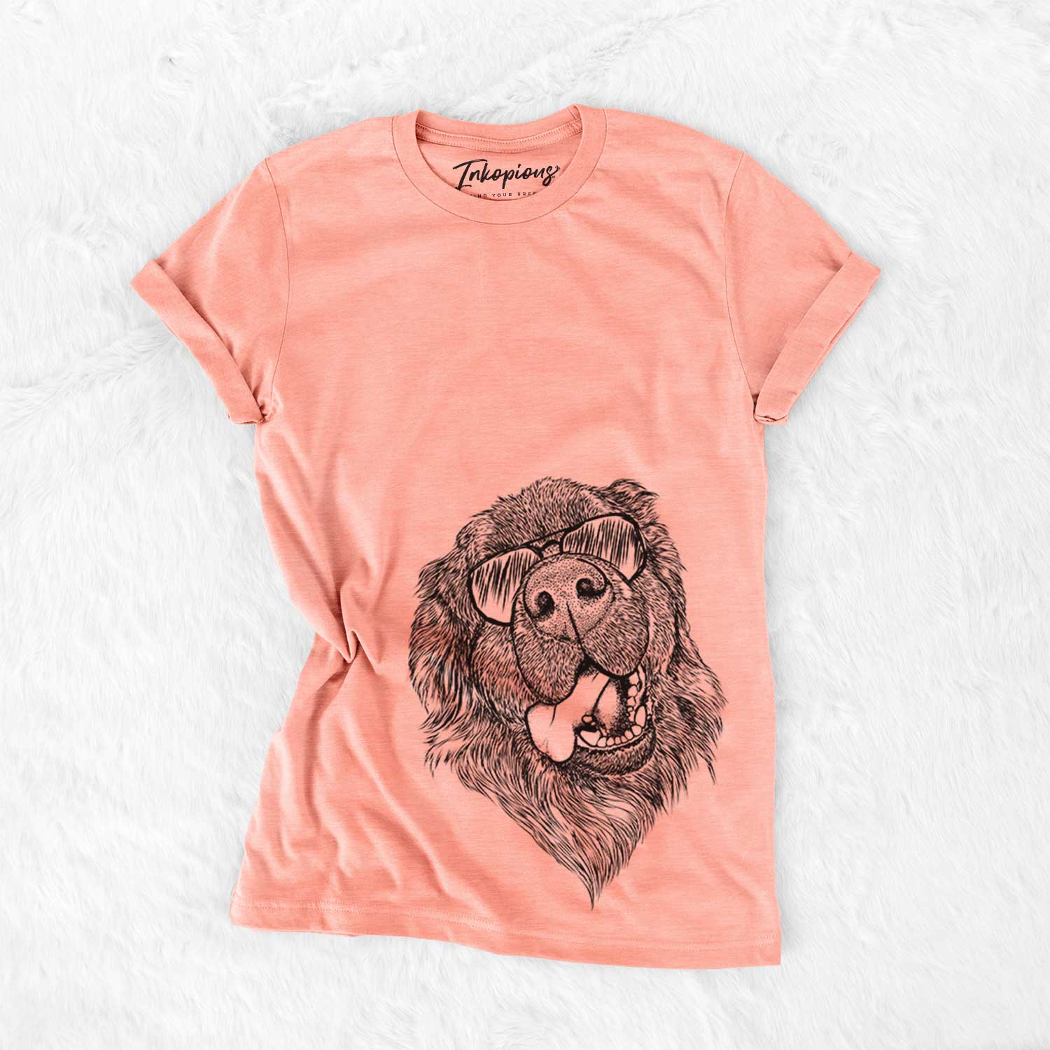 Hand-drawn sketch of Tuna the Newfoundland wearing aviator sunglasses on a Sunset Bella Canvas Unisex Crewneck