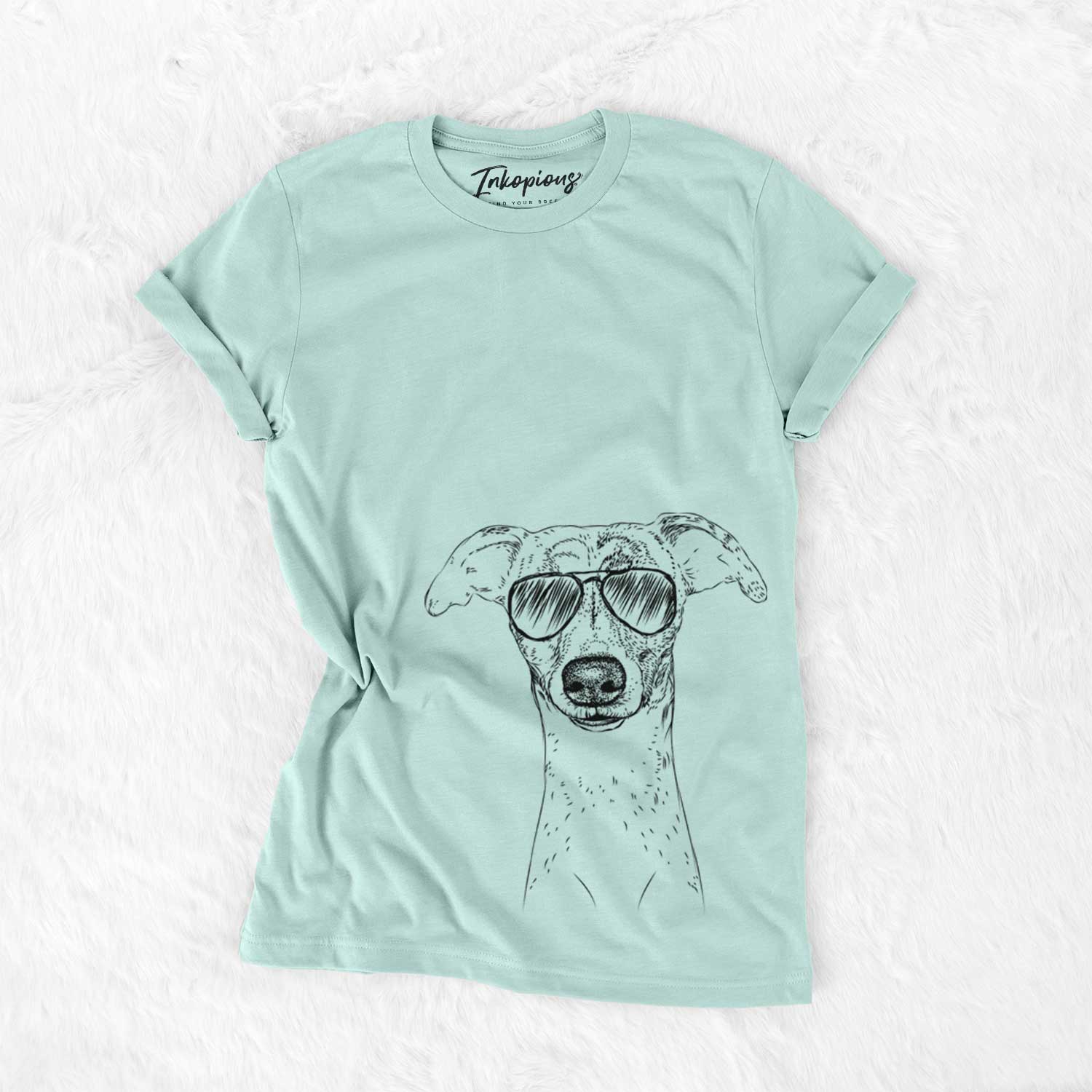 Hand-drawn sketch of Twiggy the Whippet wearing aviator sunglasses on a Heather Sage Unisex crewneck