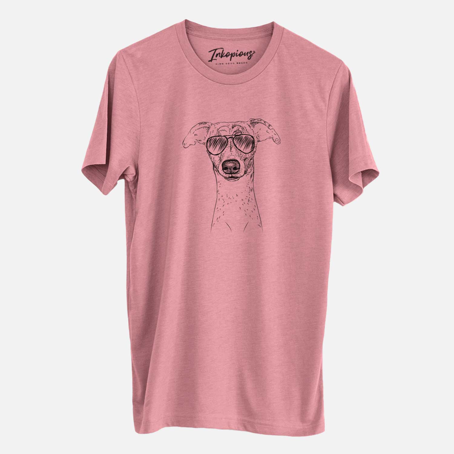 Hand-drawn sketch of Twiggy the Whippet wearing aviator sunglasses on a Mauve Unisex crewneck