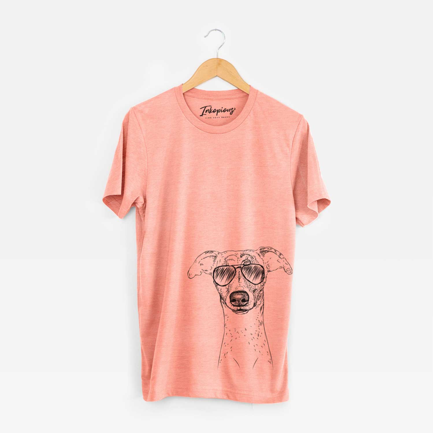 Hand-drawn sketch of Twiggy the Whippet wearing aviator sunglasses on a Sunset Unisex crewneck