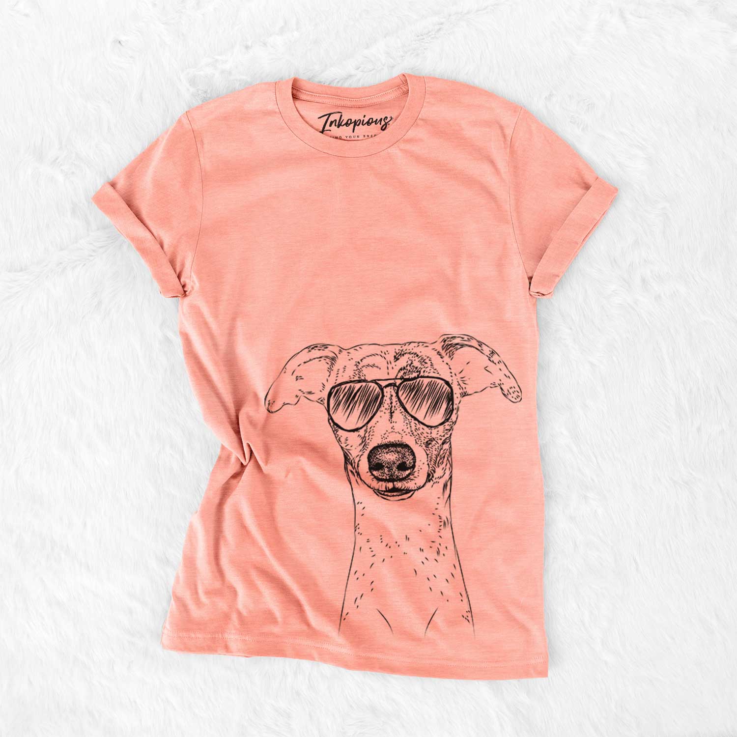 Hand-drawn sketch of Twiggy the Whippet wearing aviator sunglasses on a Sunset Bella Canvas Unisex Crewneck