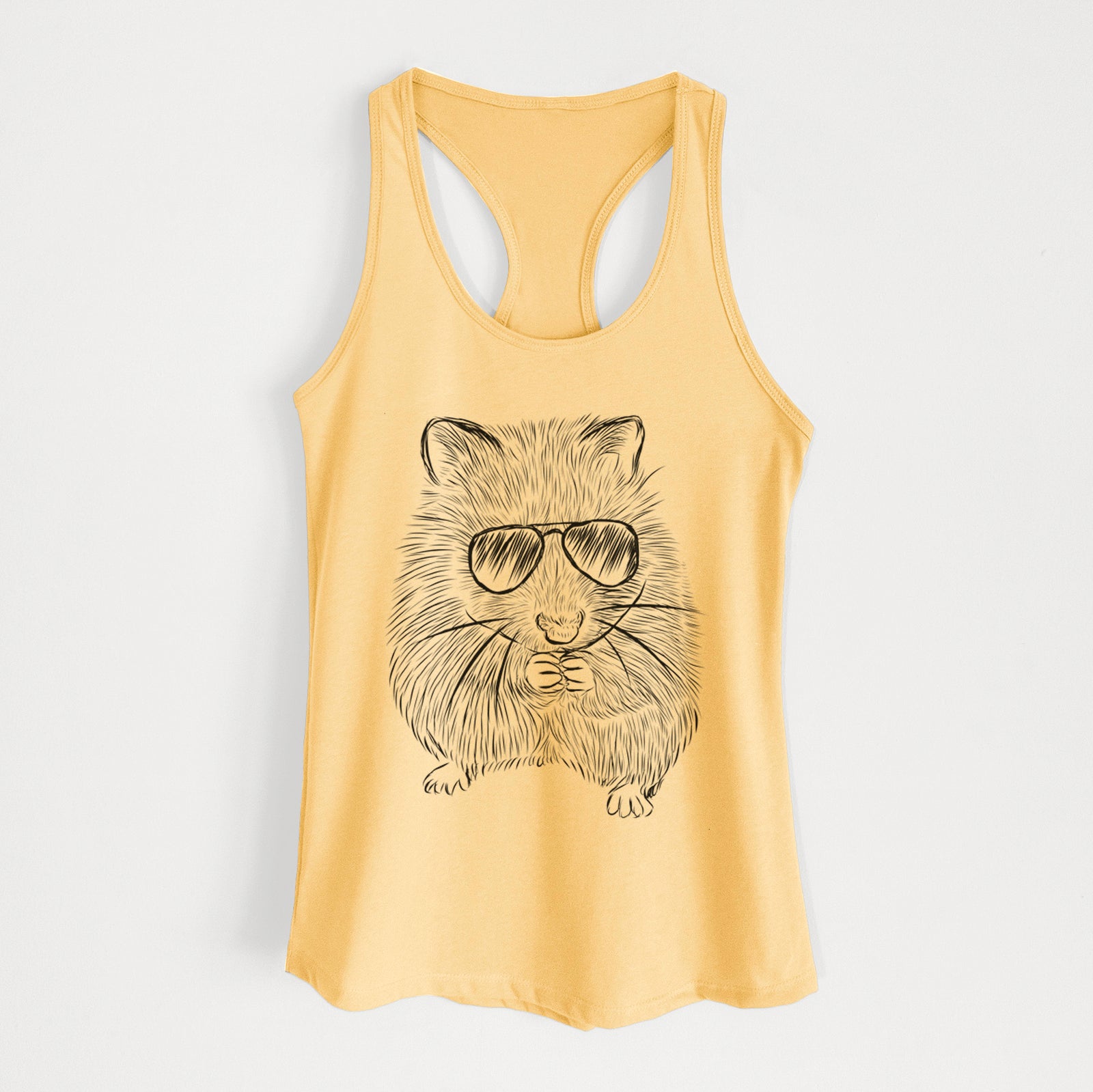 Hand-drawn sketch of Twitch the Hamster wearing aviator sunglasses on a Banana Cream Women's racerback tanktop
