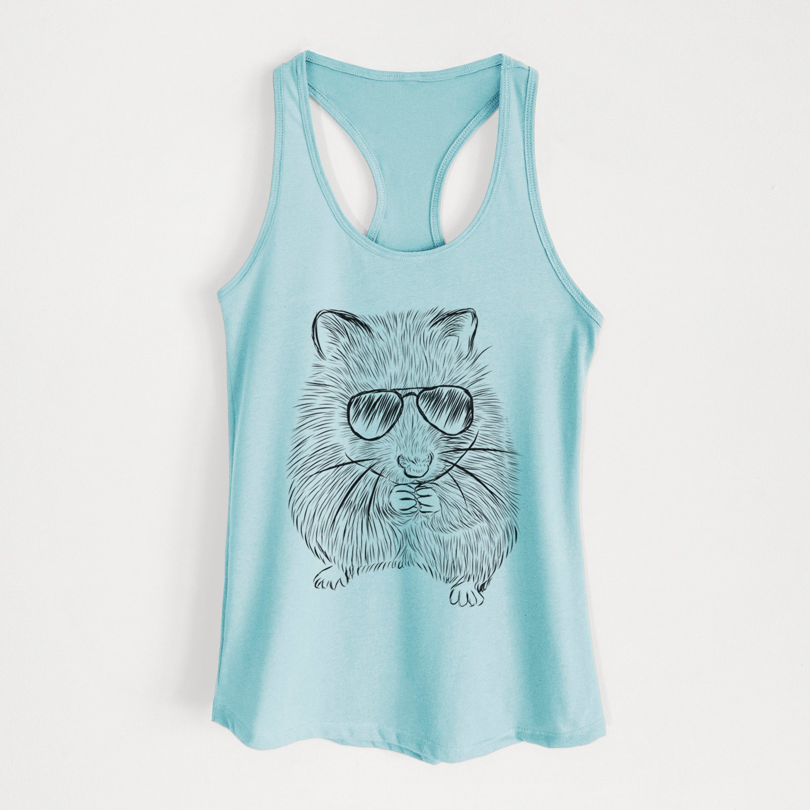 Hand-drawn sketch of Twitch the Hamster wearing aviator sunglasses on a Cancun Blue Women's racerback tanktop