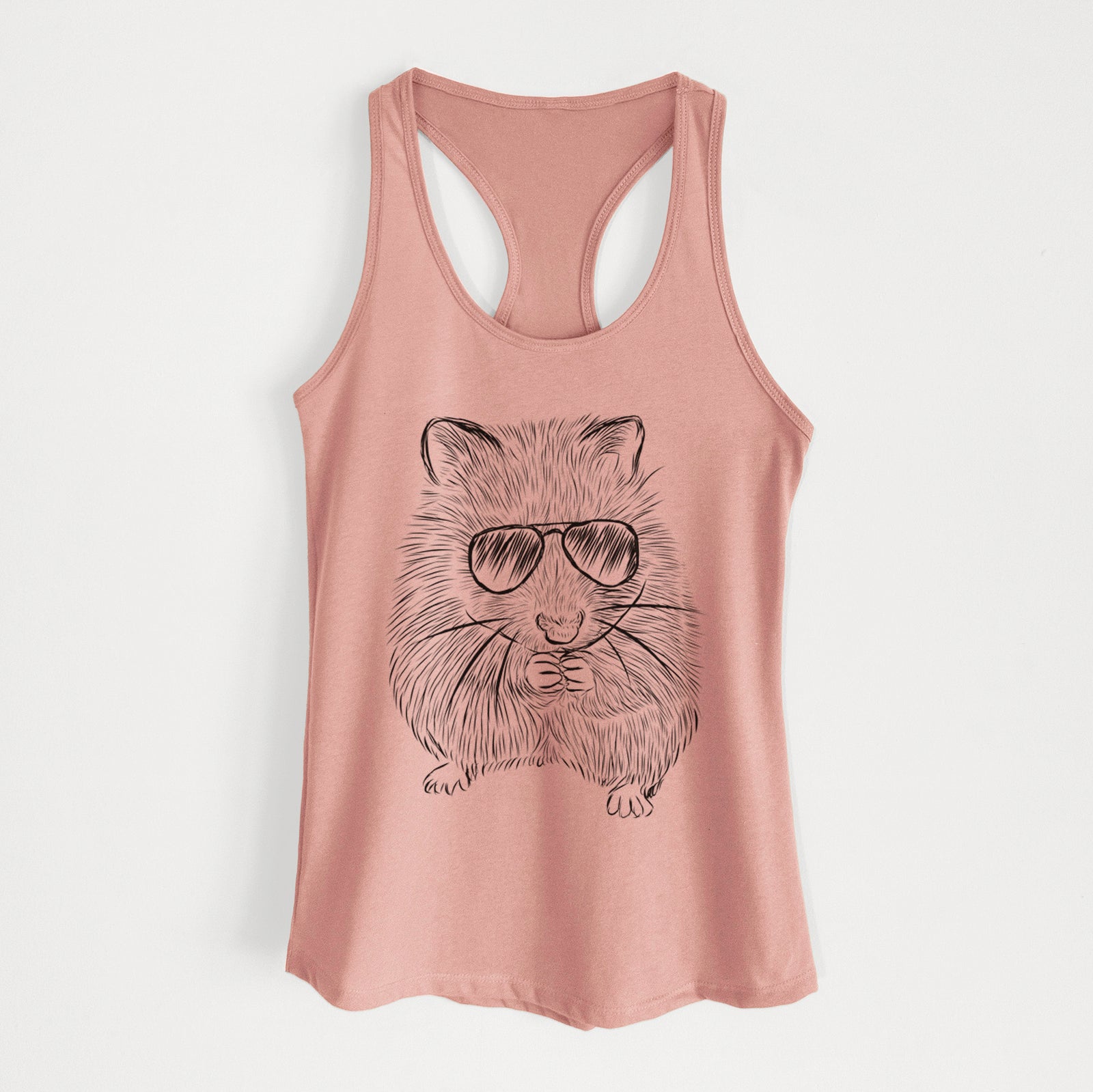 Hand-drawn sketch of Twitch the Hamster wearing aviator sunglasses on a Desert Pink Women's racerback tanktop