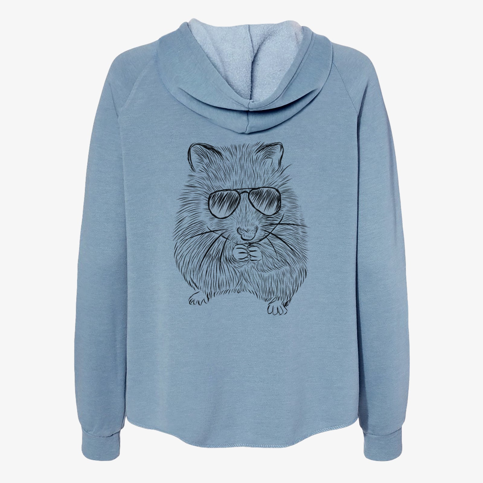 Hand-drawn sketch of Twitch the Hamster wearing aviator sunglasses on a Misty Blue Women's cali wave zip-up sweatshirt