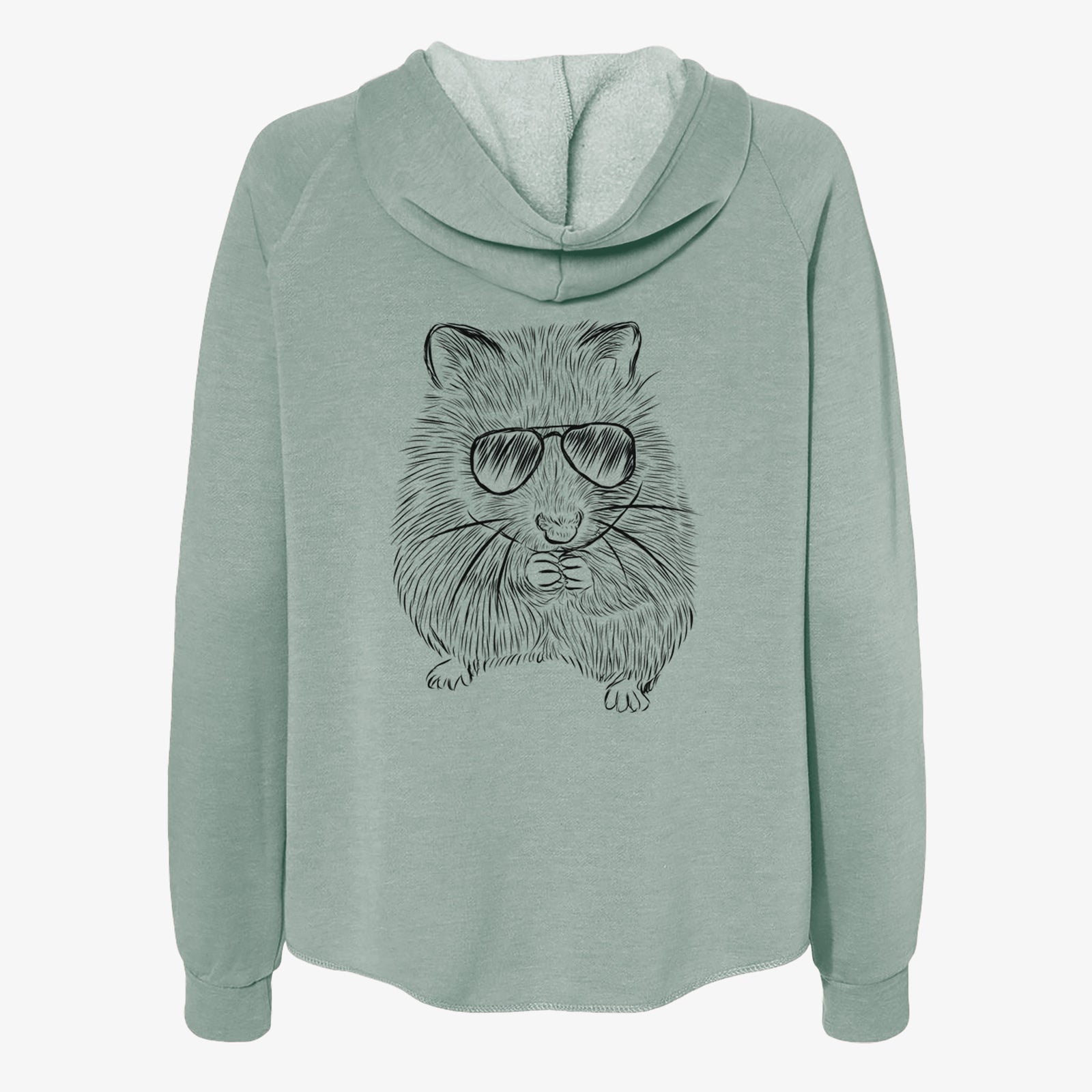 Hand-drawn sketch of Twitch the Hamster wearing aviator sunglasses on a Sage Women's cali wave zip-up sweatshirt