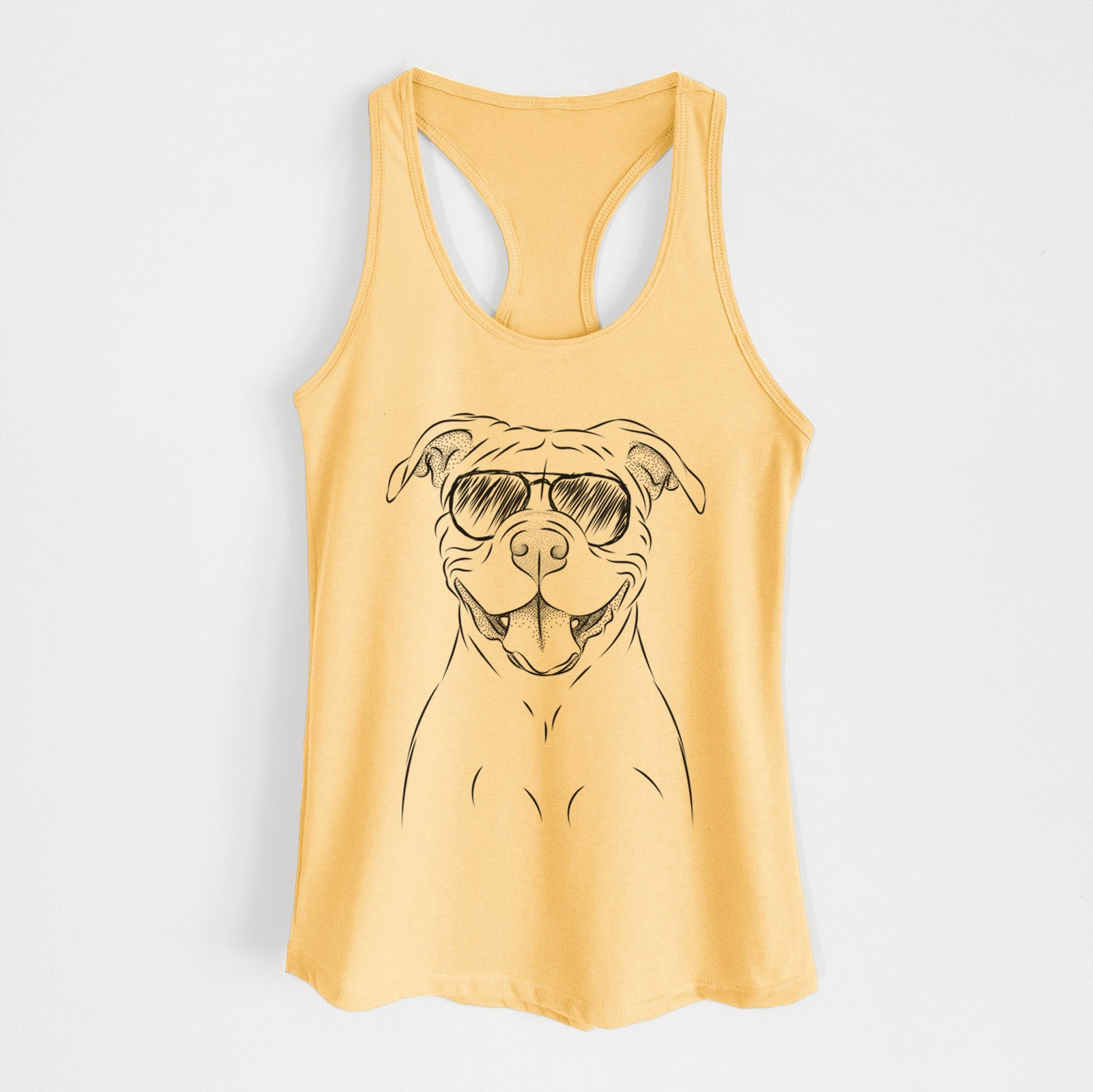Hand-drawn sketch of Tyson the American Bulldog wearing aviator sunglasses on a Banana Cream Women's racerback tanktop