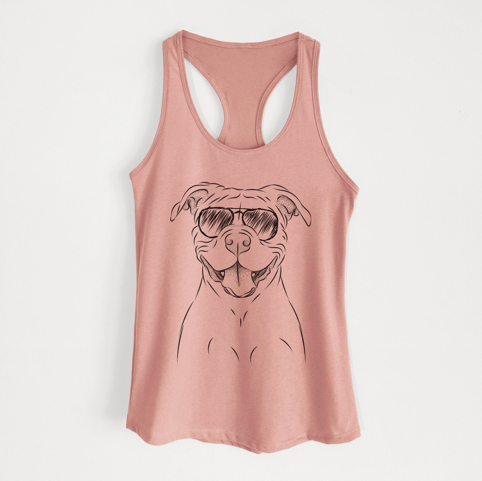 Hand-drawn sketch of Tyson the American Bulldog wearing aviator sunglasses on a Desert Pink Women's racerback tanktop