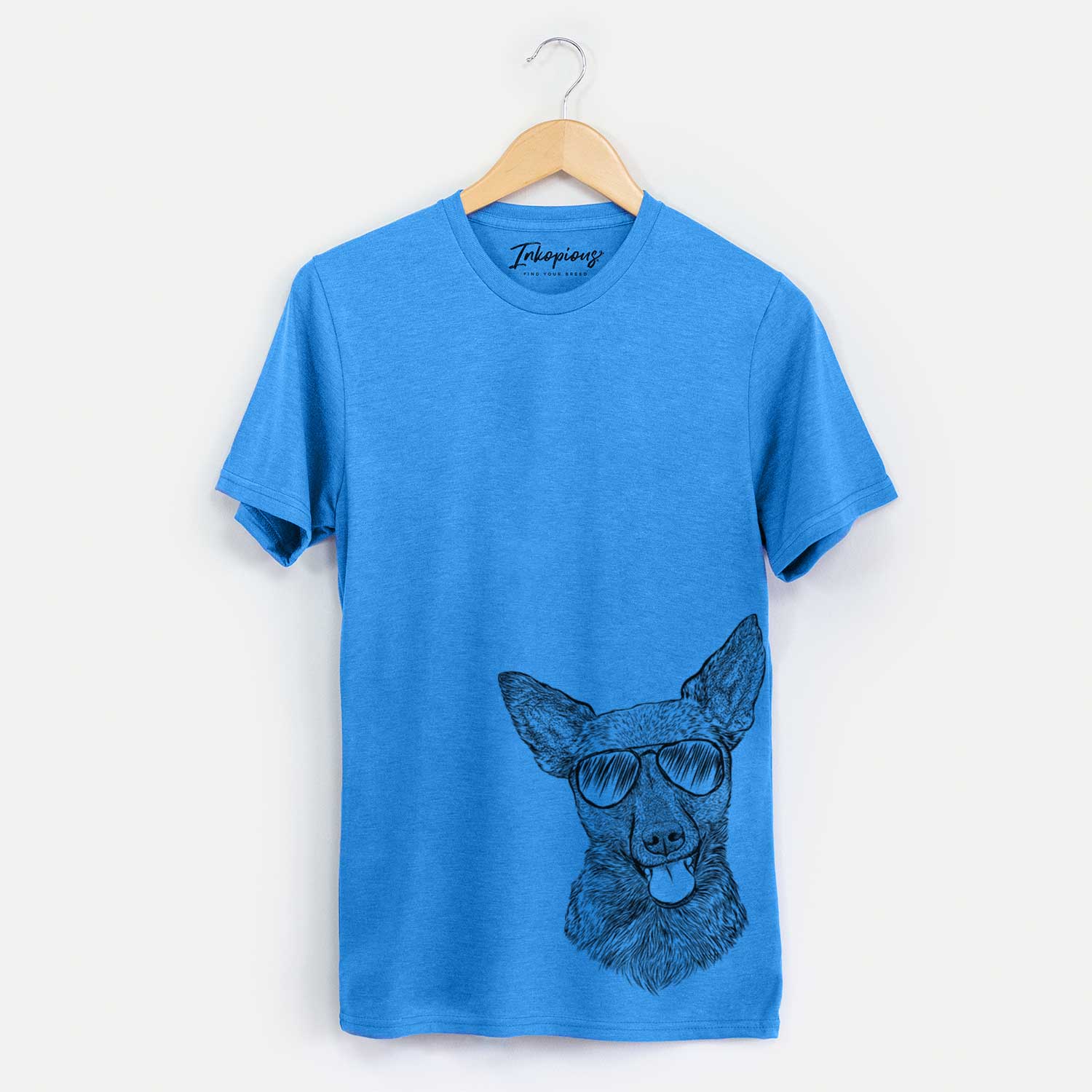 Hand-drawn sketch of Ursa the Mixed Breed wearing aviator sunglasses on a Blue Unisex crewneck
