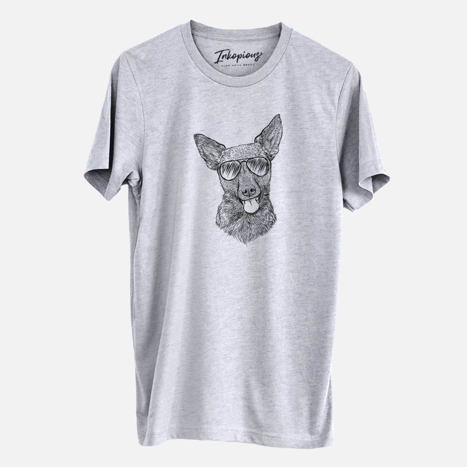 Hand-drawn sketch of Ursa the Mixed Breed wearing aviator sunglasses on a Grey Unisex crewneck