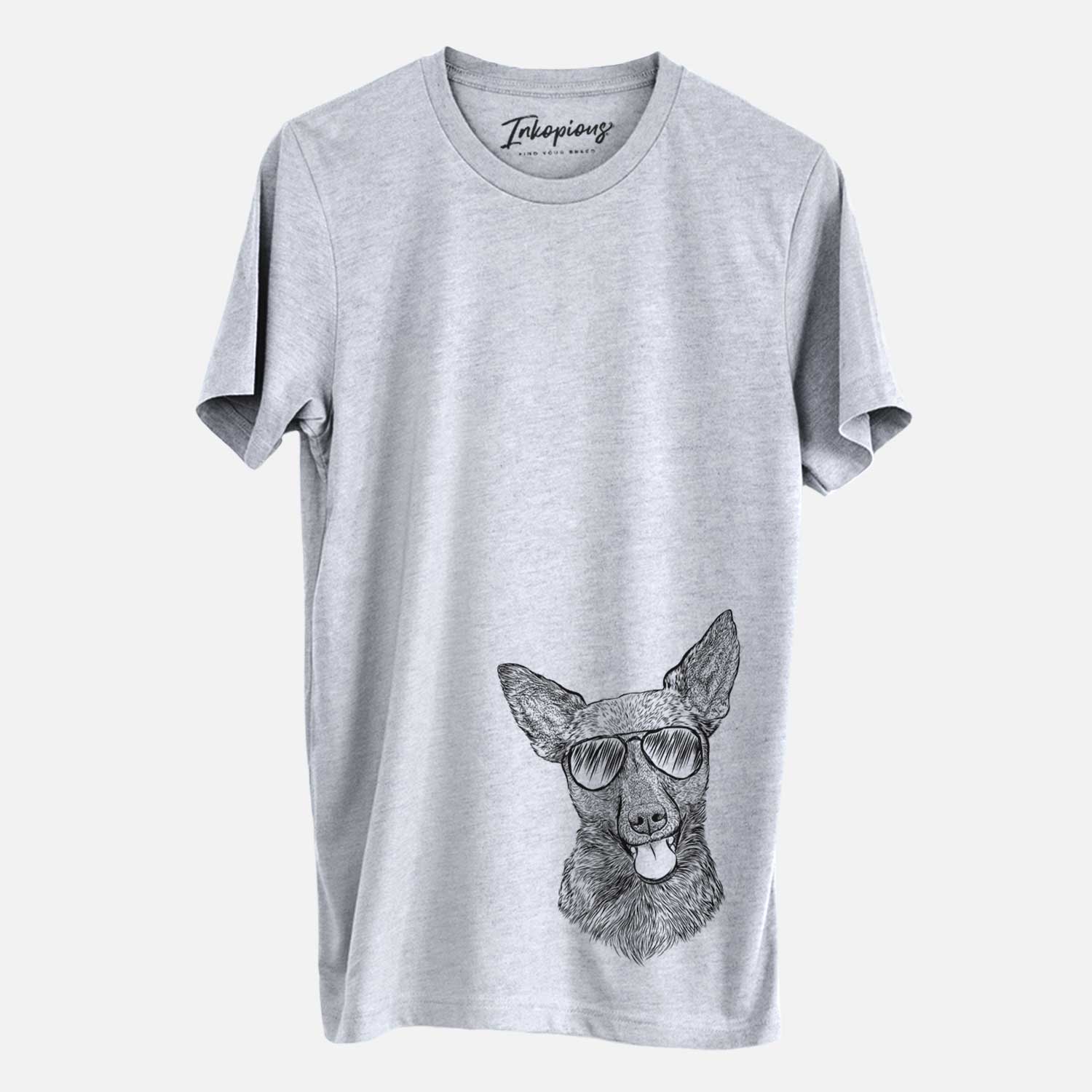 Hand-drawn sketch of Ursa the Mixed Breed wearing aviator sunglasses on a Grey Unisex crewneck