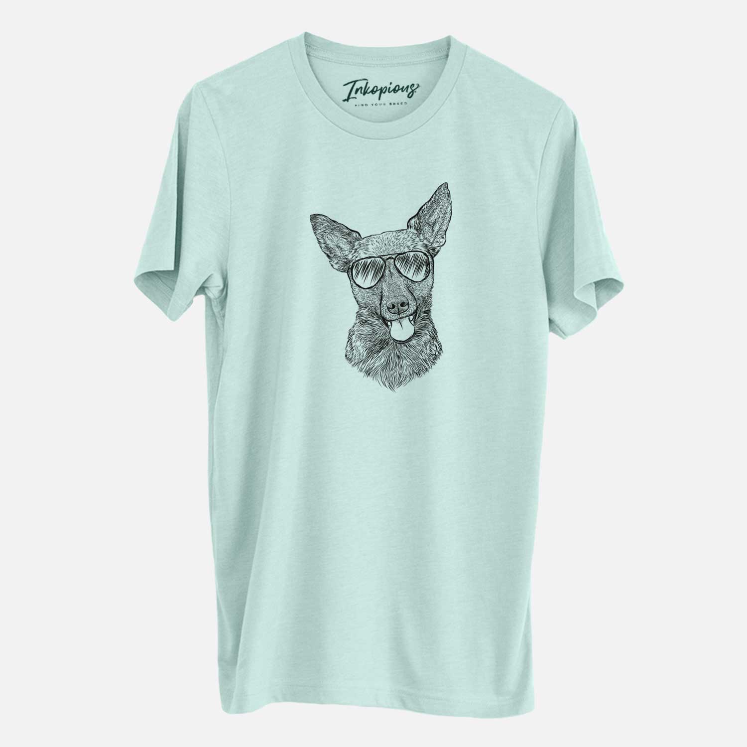 Hand-drawn sketch of Ursa the Mixed Breed wearing aviator sunglasses on a Heather Sage Unisex crewneck