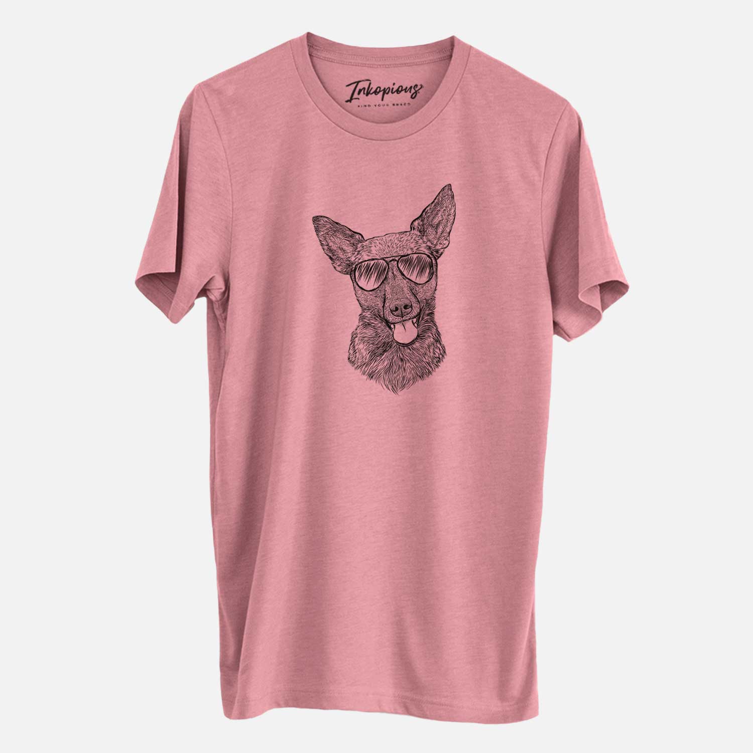 Hand-drawn sketch of Ursa the Mixed Breed wearing aviator sunglasses on a Mauve Unisex crewneck