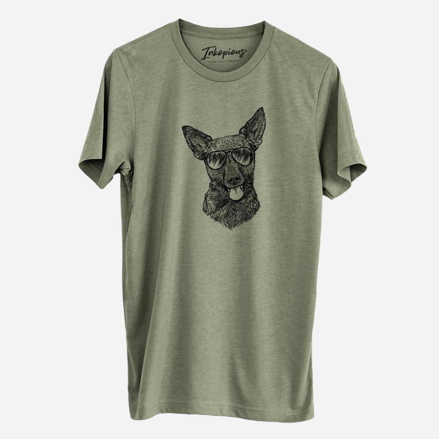 Hand-drawn sketch of Ursa the Mixed Breed wearing aviator sunglasses on an Olive Unisex crewneck