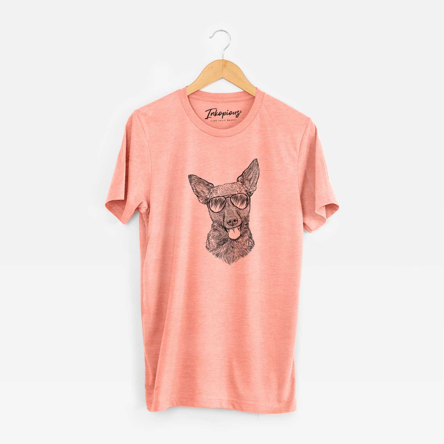 Hand-drawn sketch of Ursa the Mixed Breed wearing aviator sunglasses on a Sunset Unisex crewneck